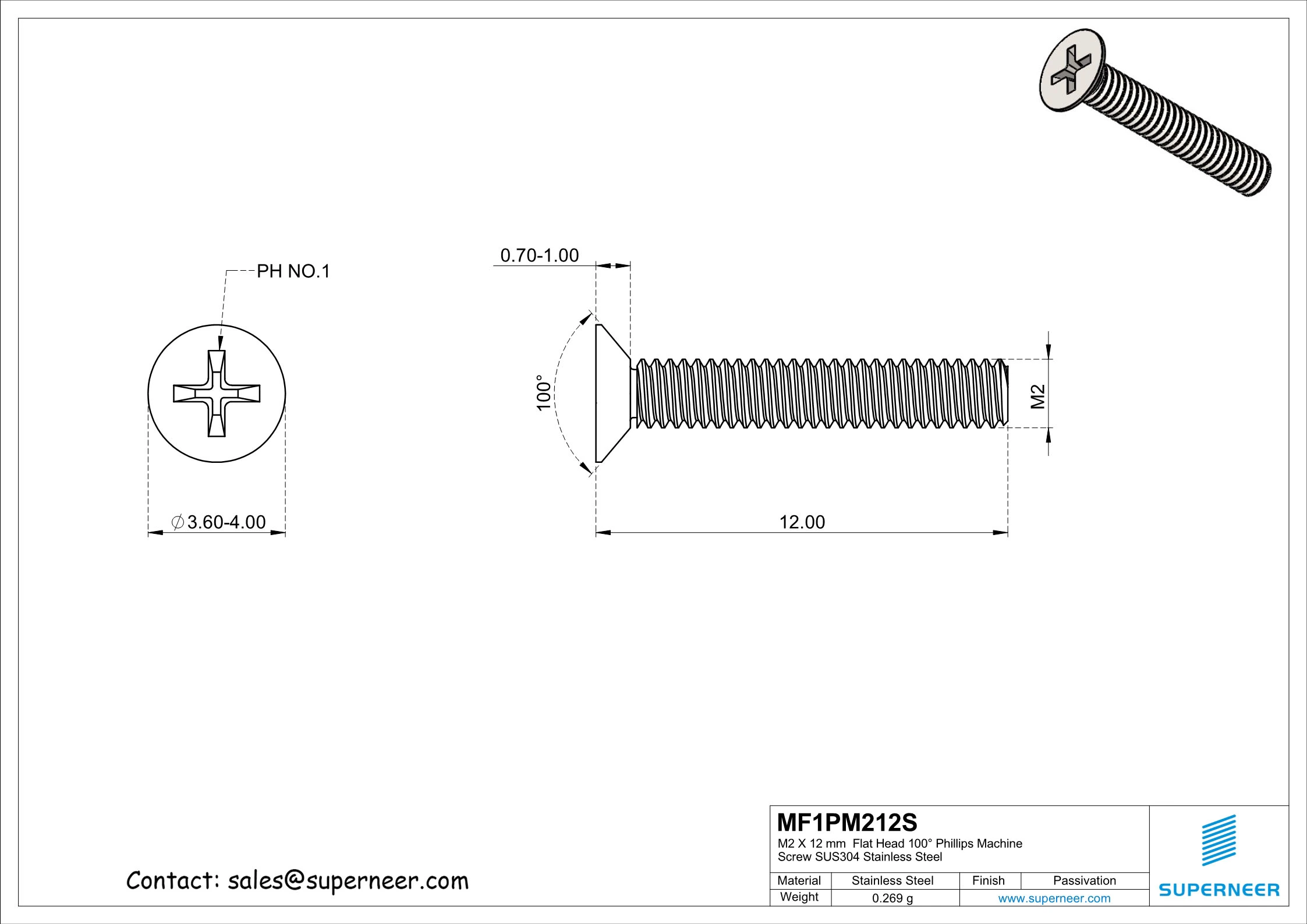 M2 x 12 mm  Flat Head 100&deg; Phillips Machine Screw SUS304 Stainless Steel Inox