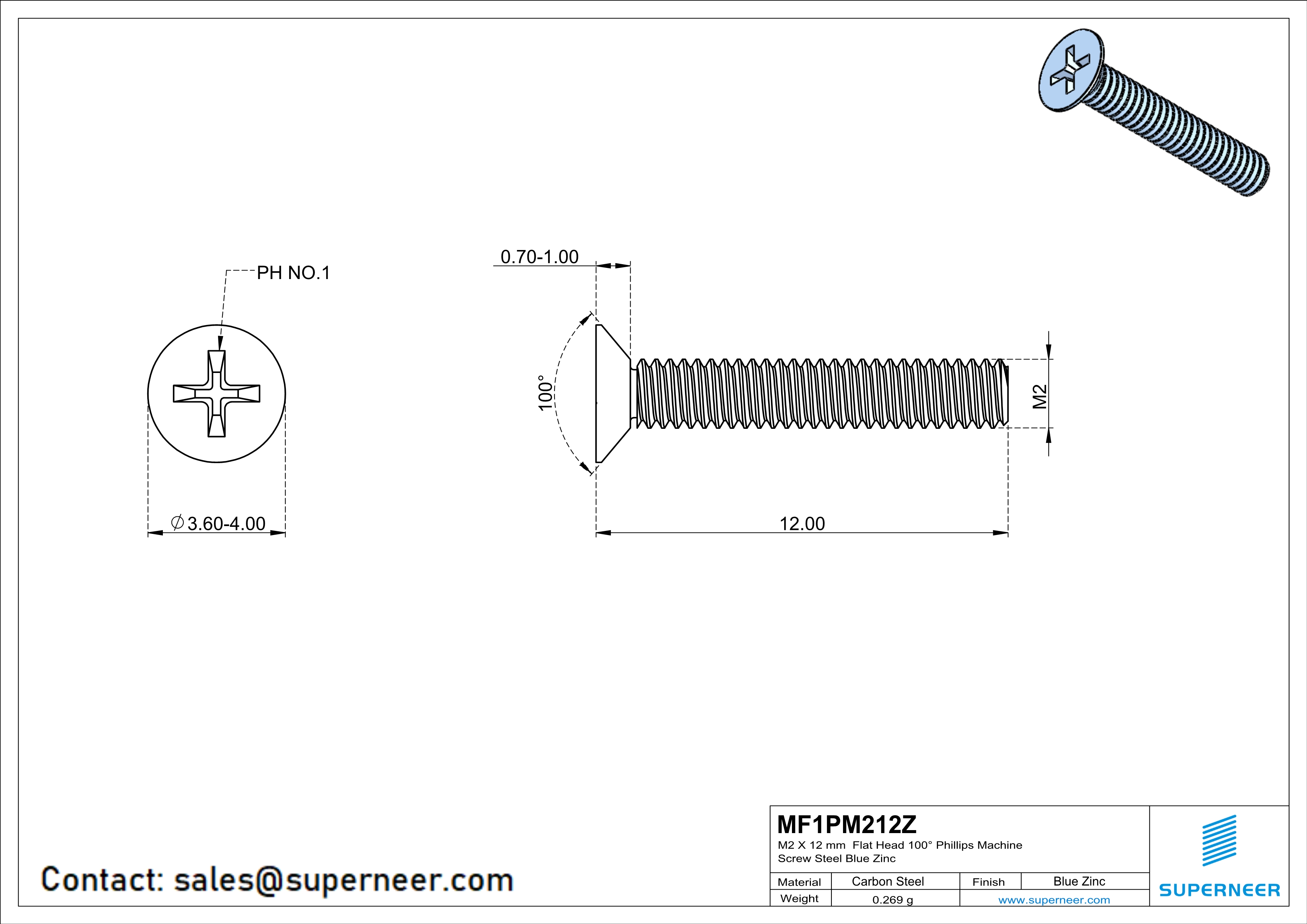 M2 x 12 mm Flat Head 100&deg; Phillips Machine Screw Steel Blue Zinc Plated