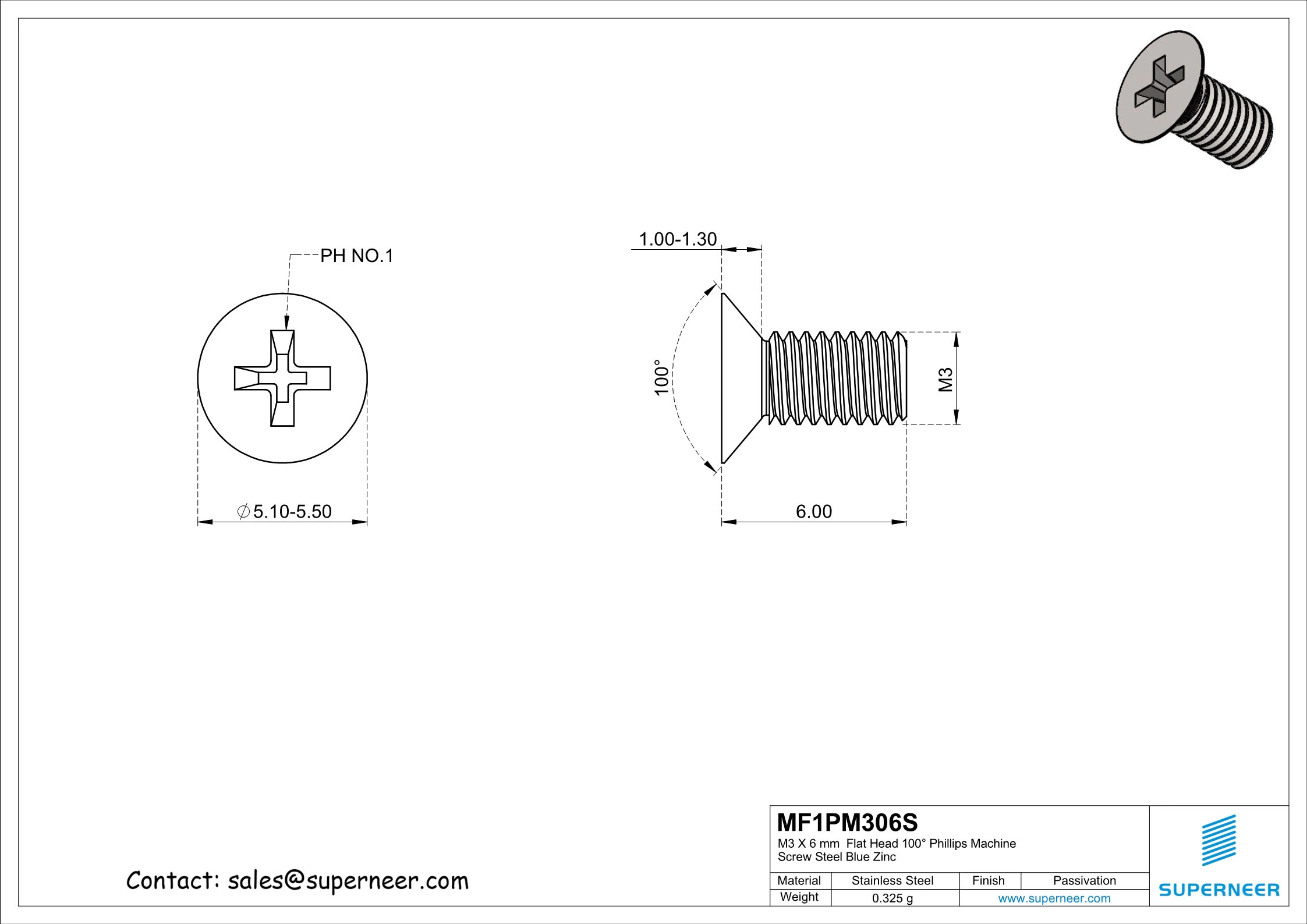 M3 x 6 mm  Flat Head 100&deg; Phillips Machine Screw SUS304 Stainless Steel Inox