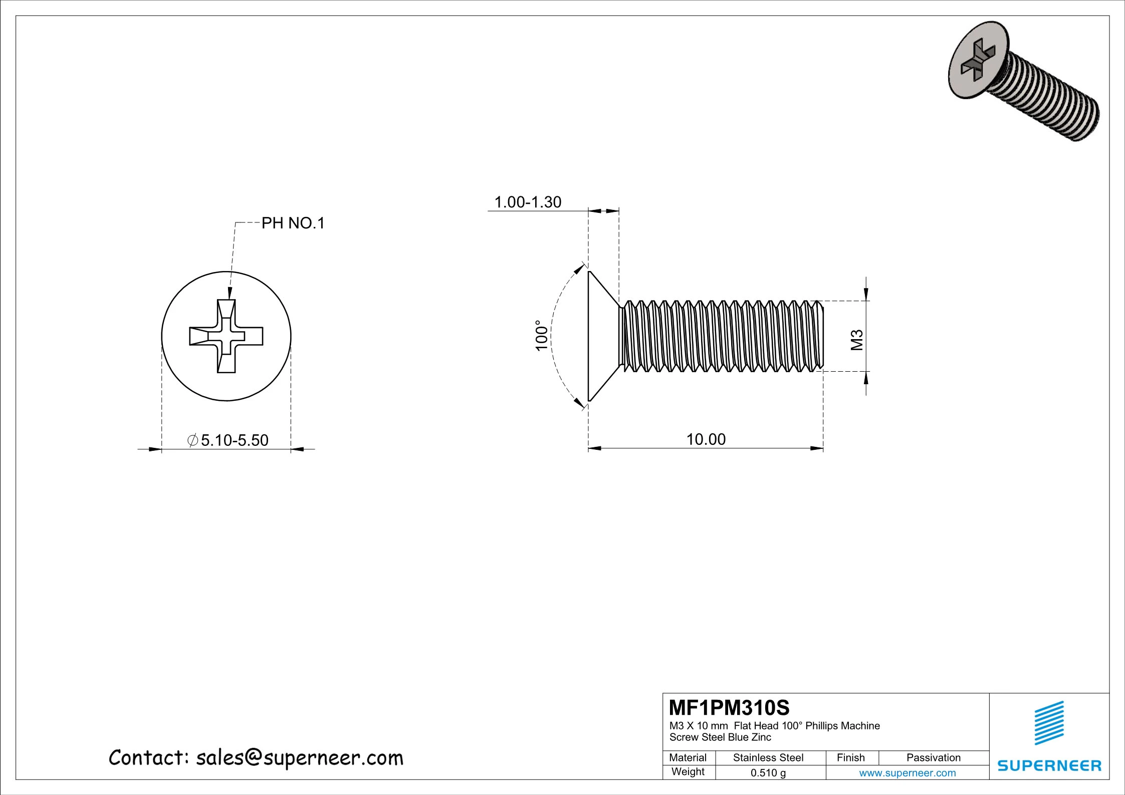 M3 x 10 mm  Flat Head 100&deg; Phillips Machine Screw SUS304 Stainless Steel Inox