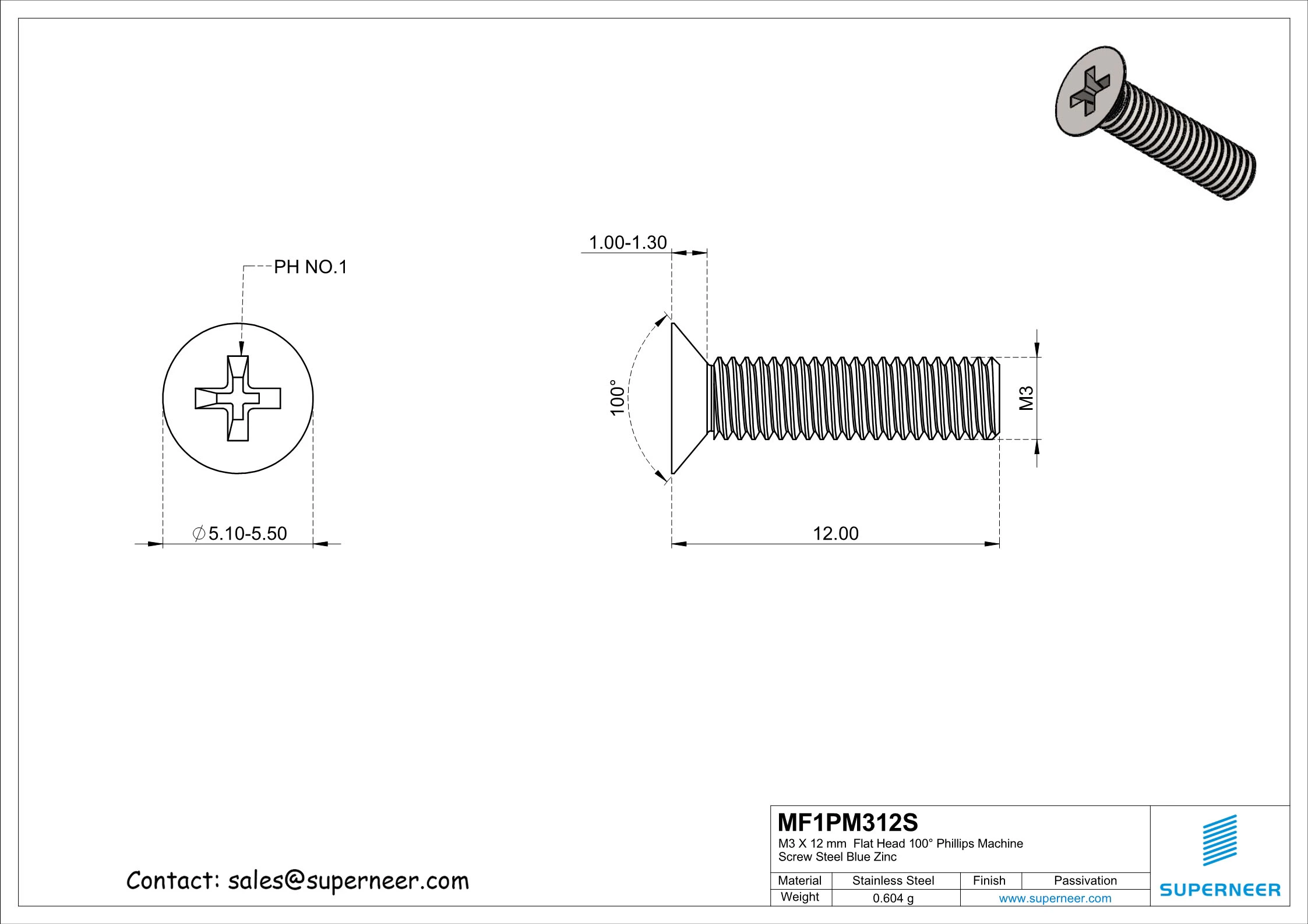 M3 x 12 mm  Flat Head 100&deg; Phillips Machine Screw SUS304 Stainless Steel Inox