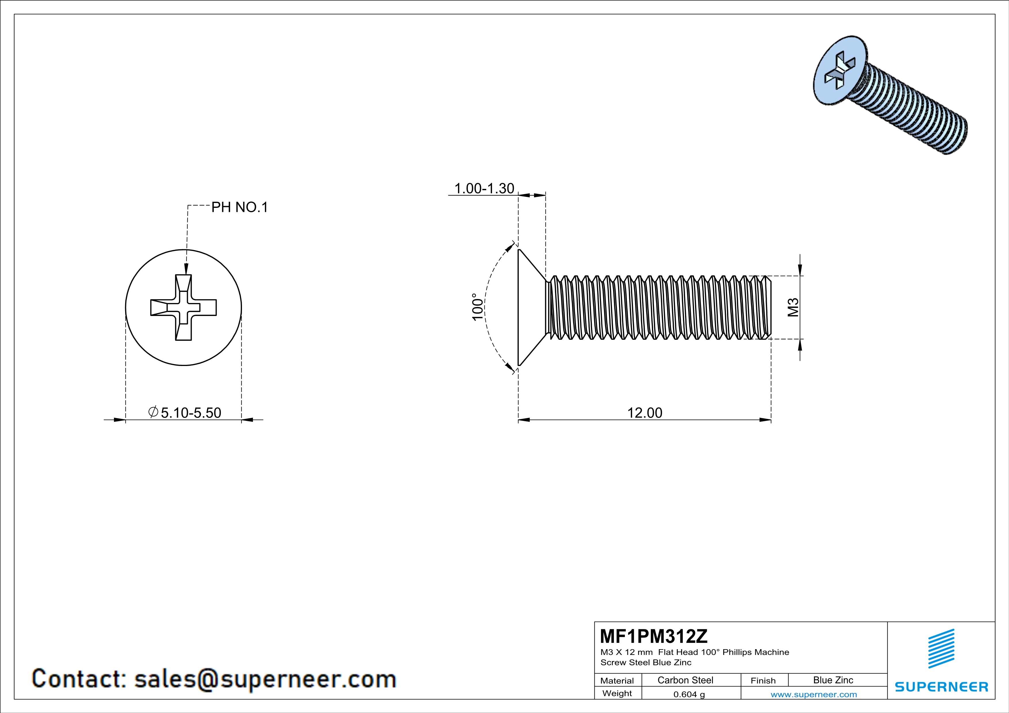 M3 x 12 mm Flat Head 100&deg; Phillips Machine Screw Steel Blue Zinc Plated