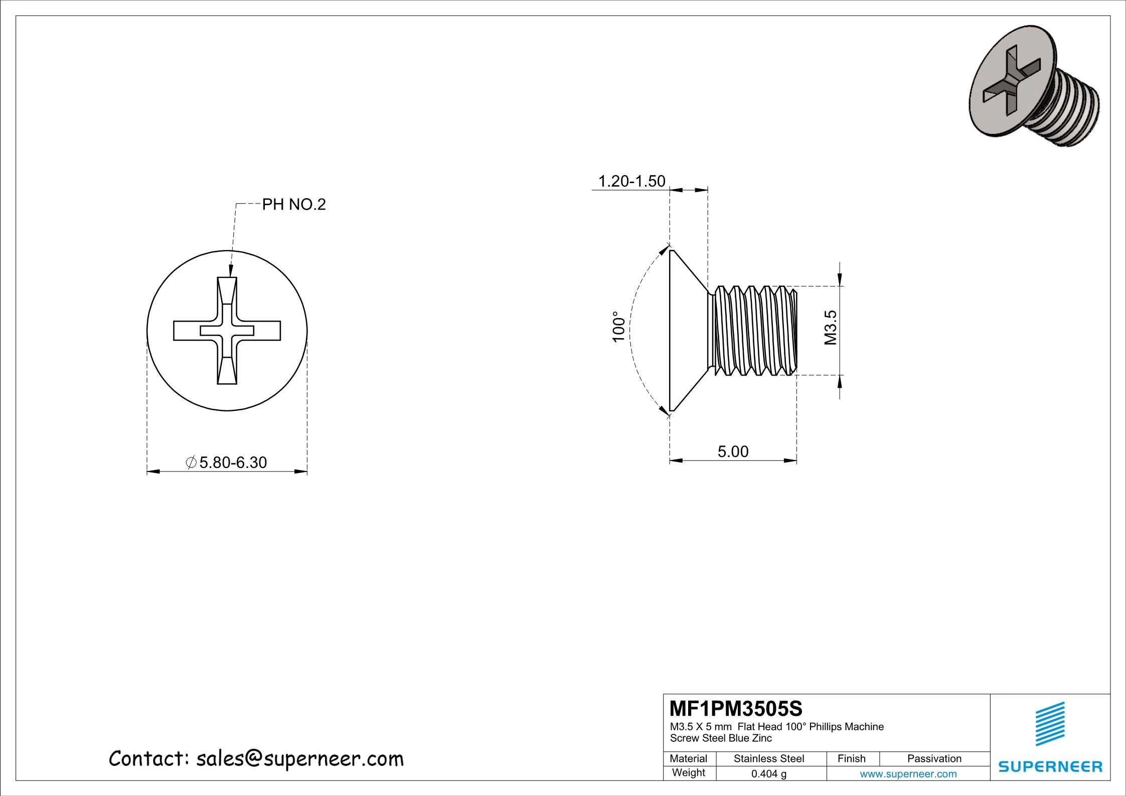 M3.5 x 5 mm  Flat Head 100&deg; Phillips Machine Screw SUS304 Stainless Steel Inox