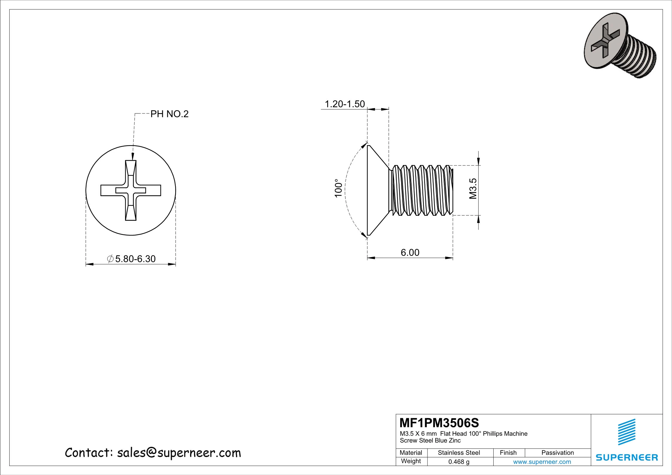 M3.5 x 6 mm  Flat Head 100&deg; Phillips Machine Screw SUS304 Stainless Steel Inox