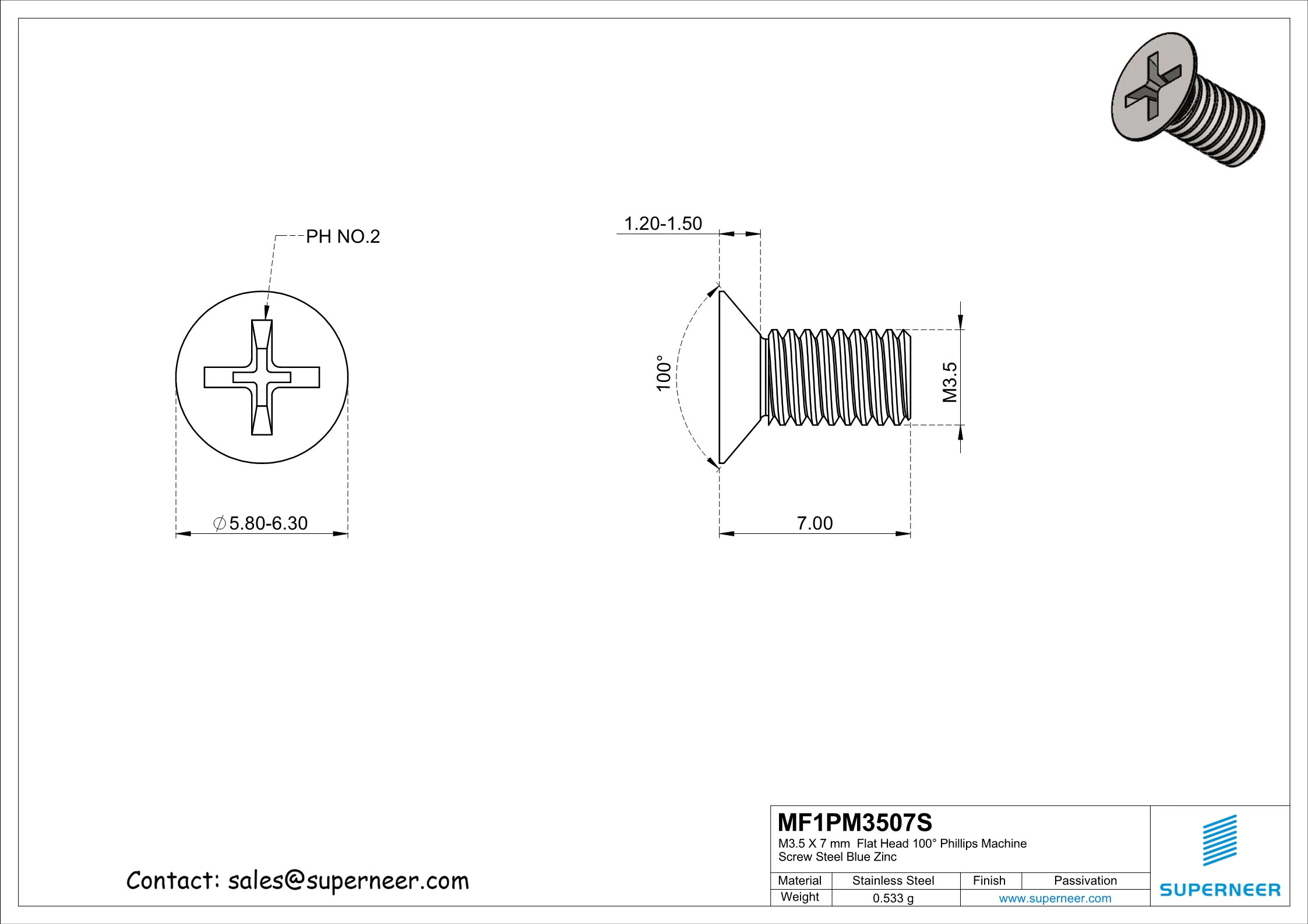 M3.5 x 7 mm  Flat Head 100&deg; Phillips Machine Screw SUS304 Stainless Steel Inox
