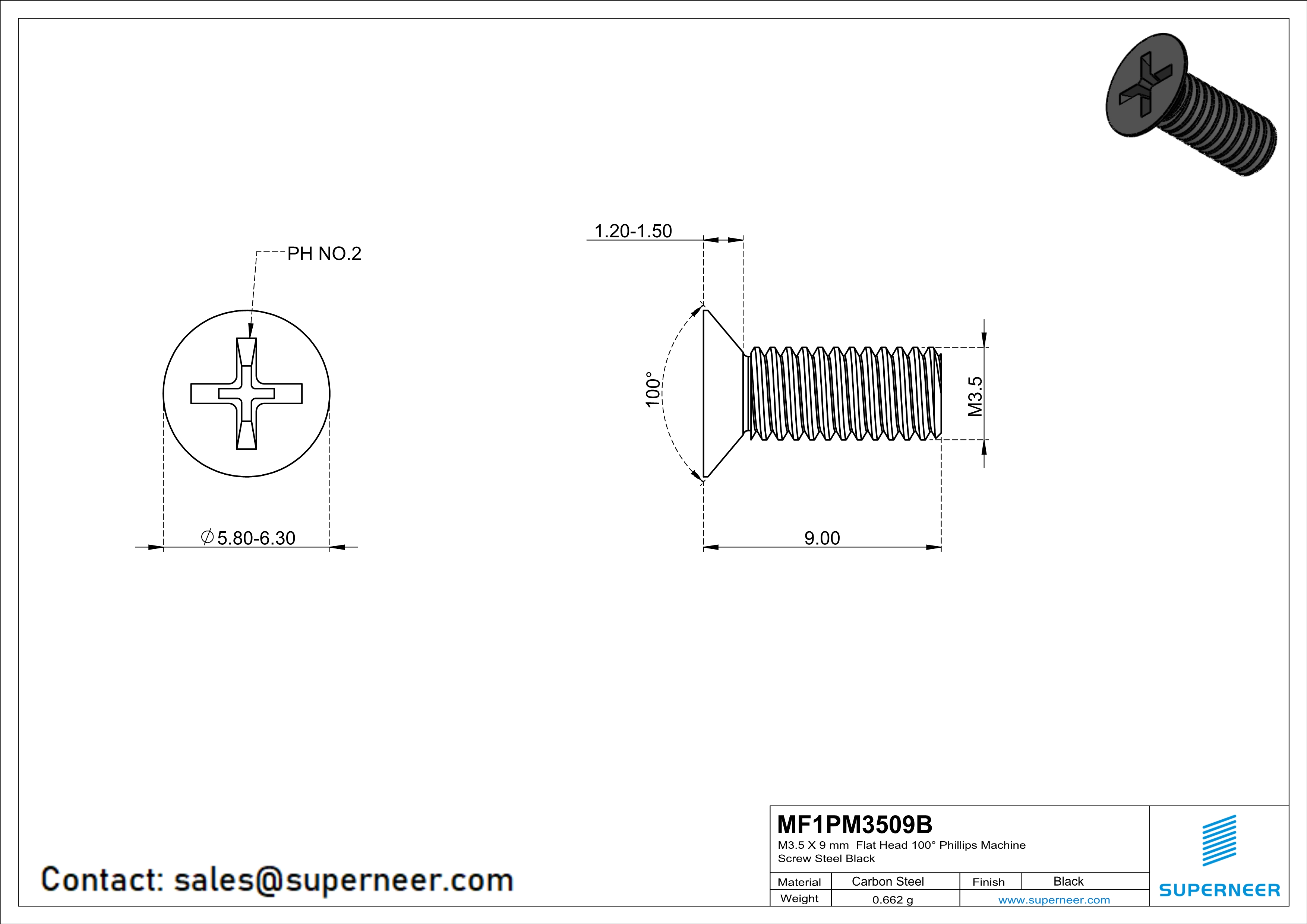 M3.5 x 9 mm Flat Head 100&deg; Phillips Machine Screw Steel Black