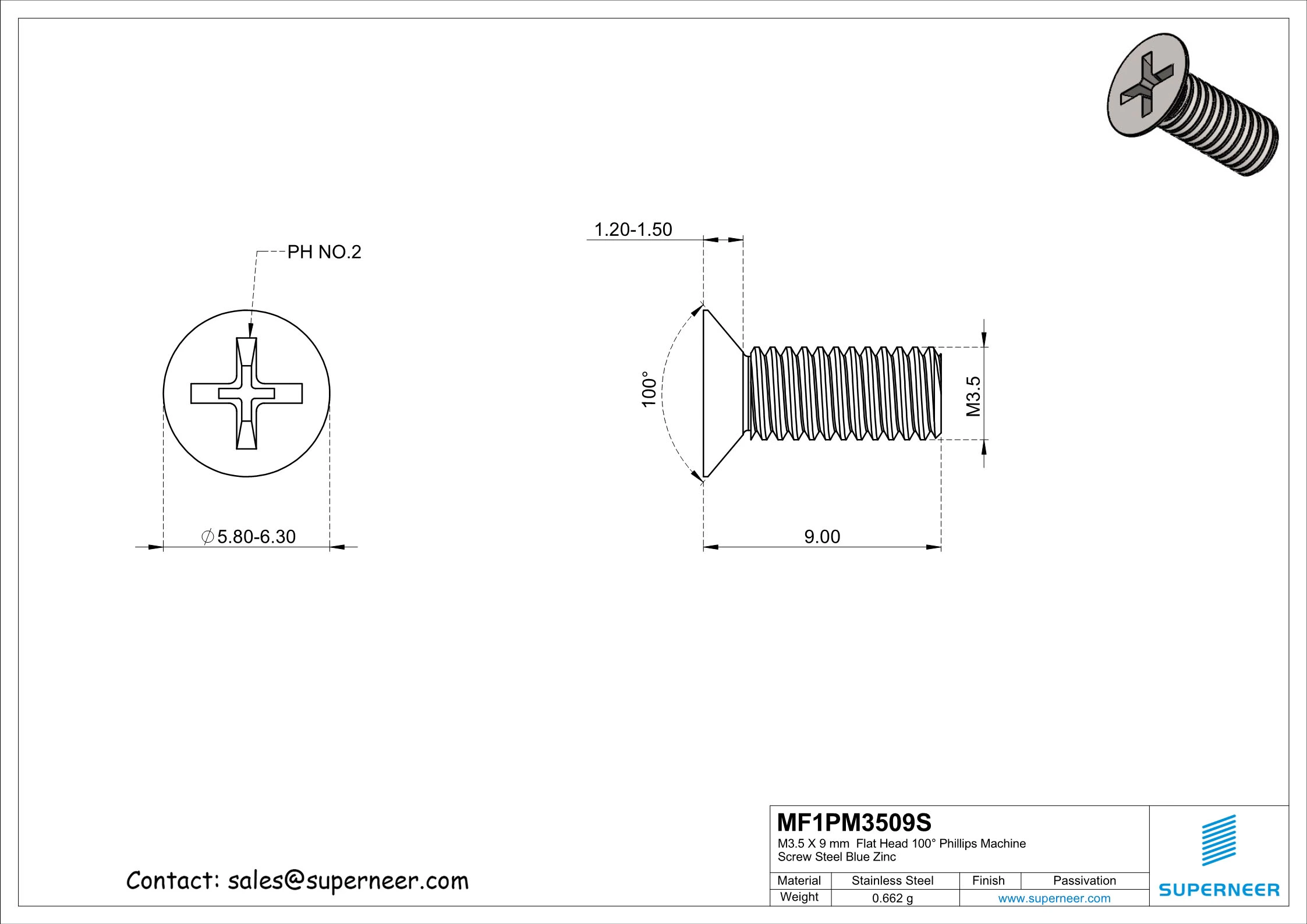 M3.5 x 9 mm  Flat Head 100&deg; Phillips Machine Screw SUS304 Stainless Steel Inox