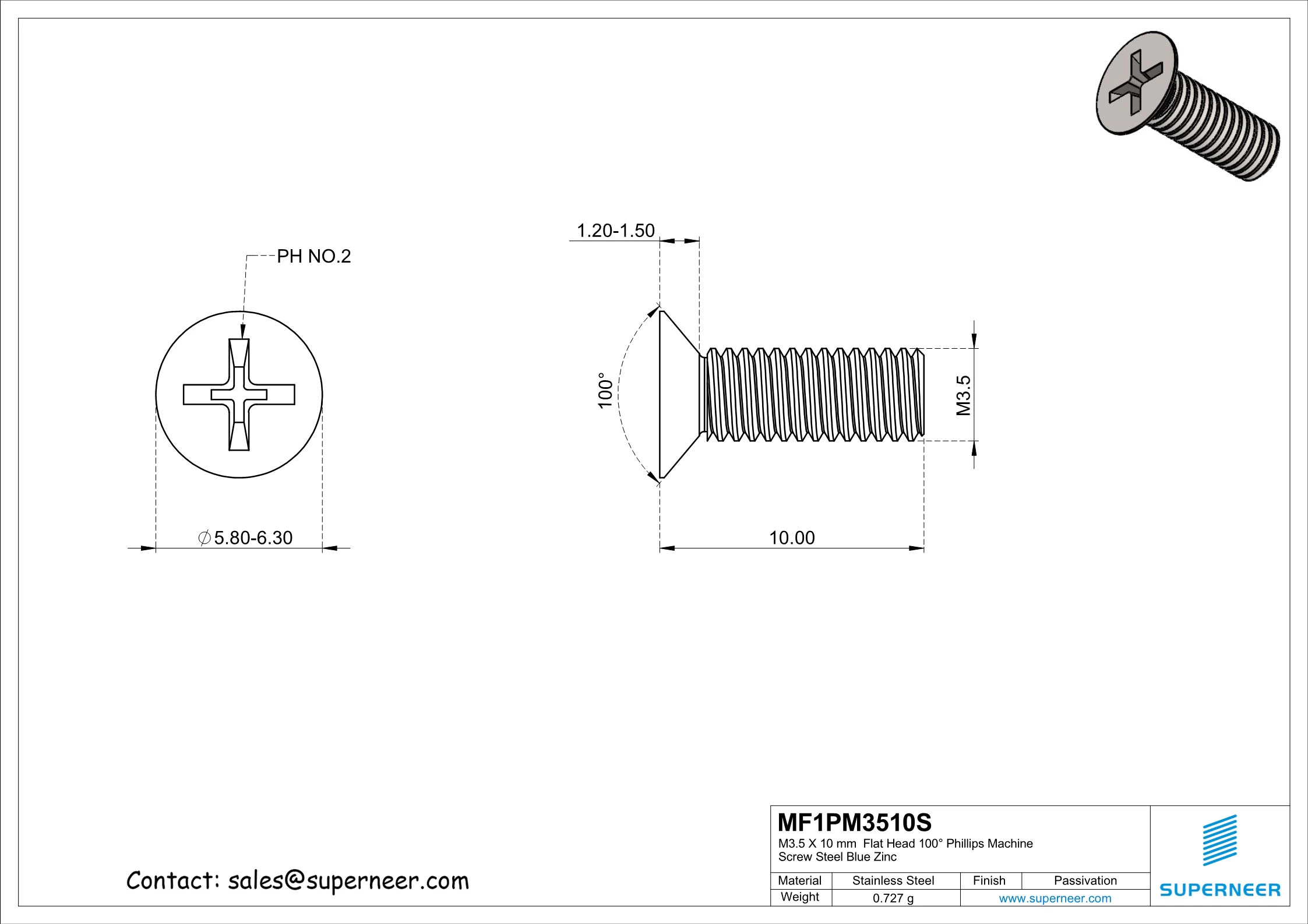 M3.5 x 10 mm  Flat Head 100&deg; Phillips Machine Screw SUS304 Stainless Steel Inox