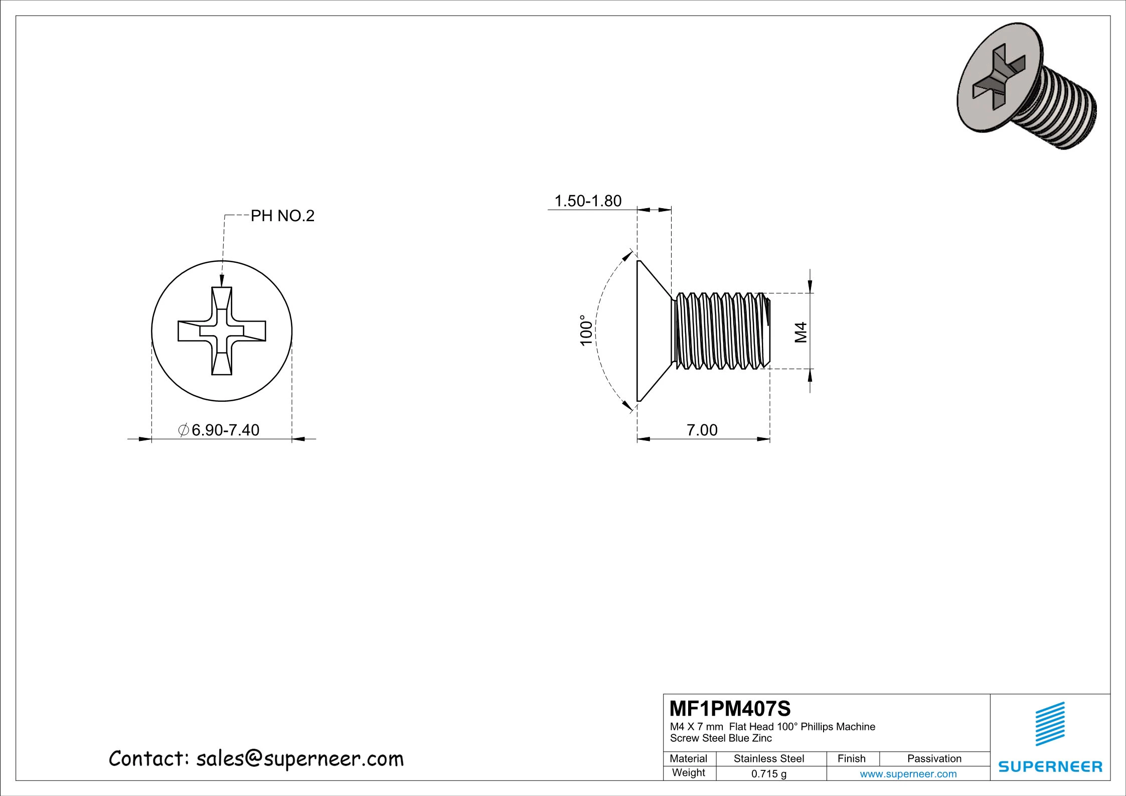 M4 x 7 mm  Flat Head 100&deg; Phillips Machine Screw SUS304 Stainless Steel Inox