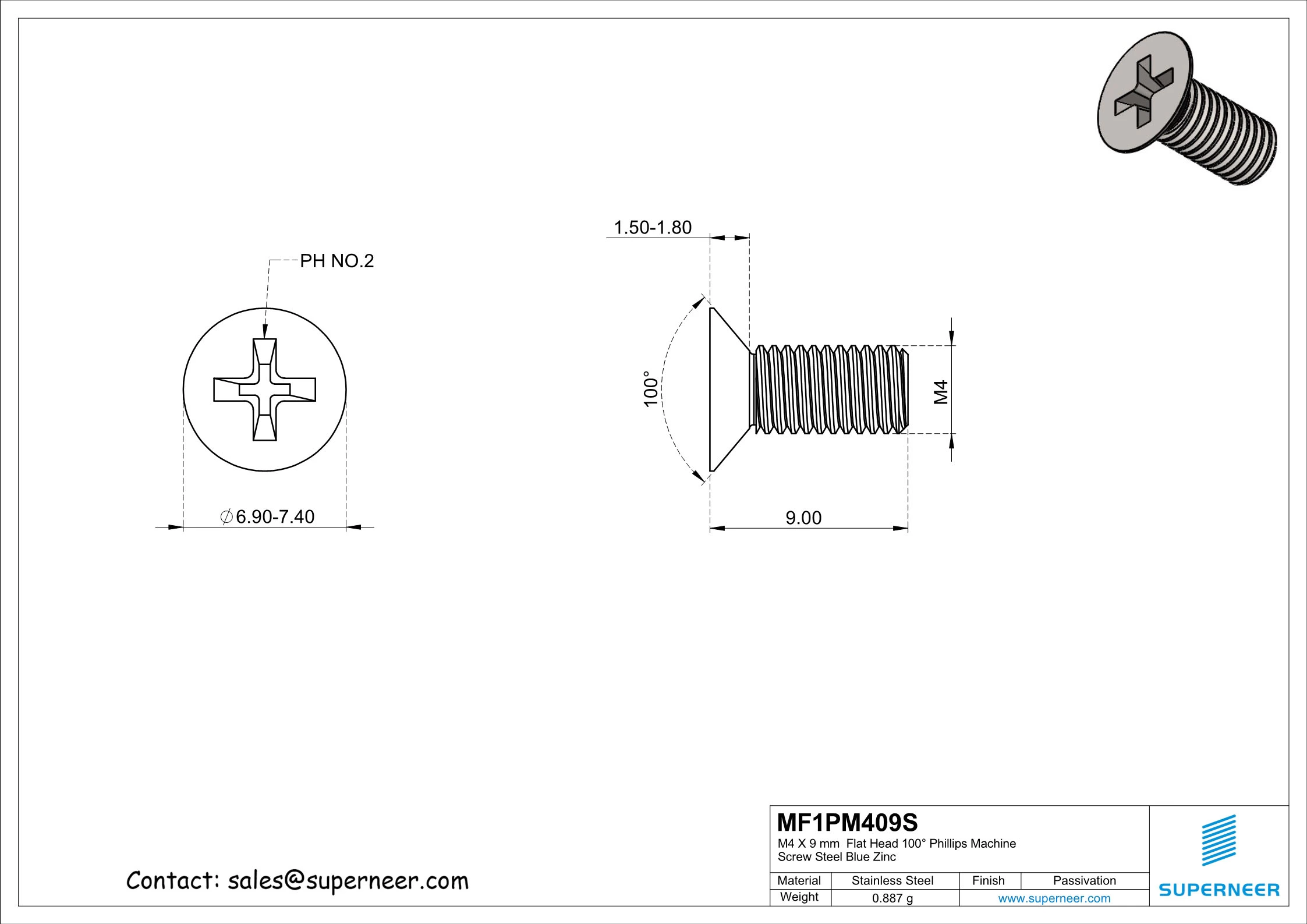 M4 x 9 mm  Flat Head 100&deg; Phillips Machine Screw SUS304 Stainless Steel Inox