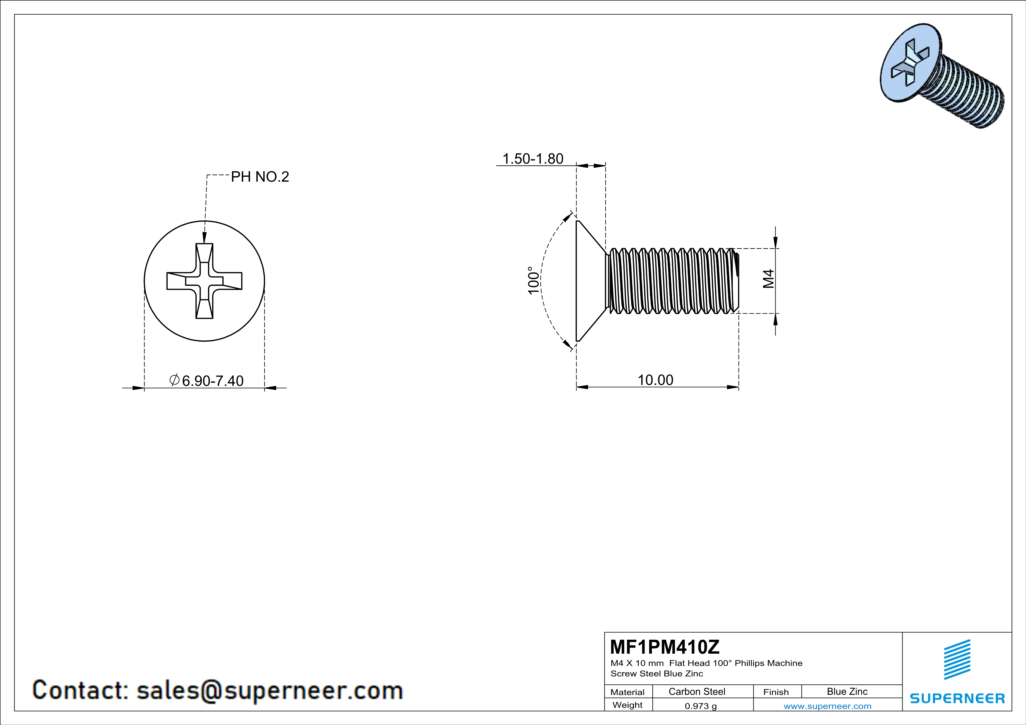 M4 x 10 mm Flat Head 100&deg; Phillips Machine Screw Steel Blue Zinc Plated