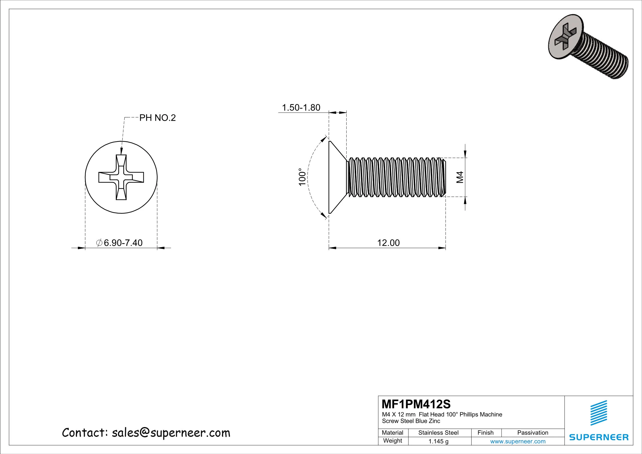 M4 x 12 mm  Flat Head 100&deg; Phillips Machine Screw SUS304 Stainless Steel Inox