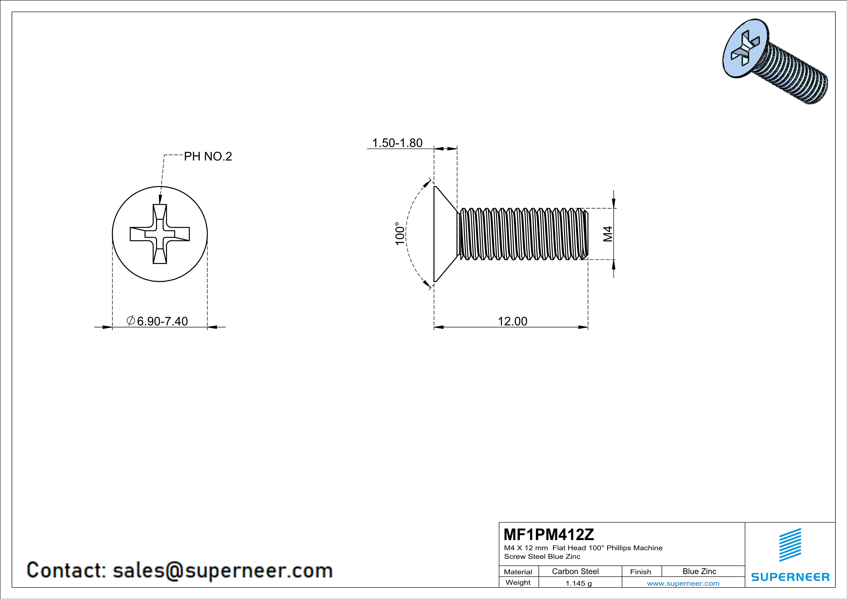 M4 x 12 mm Flat Head 100&deg; Phillips Machine Screw Steel Blue Zinc Plated