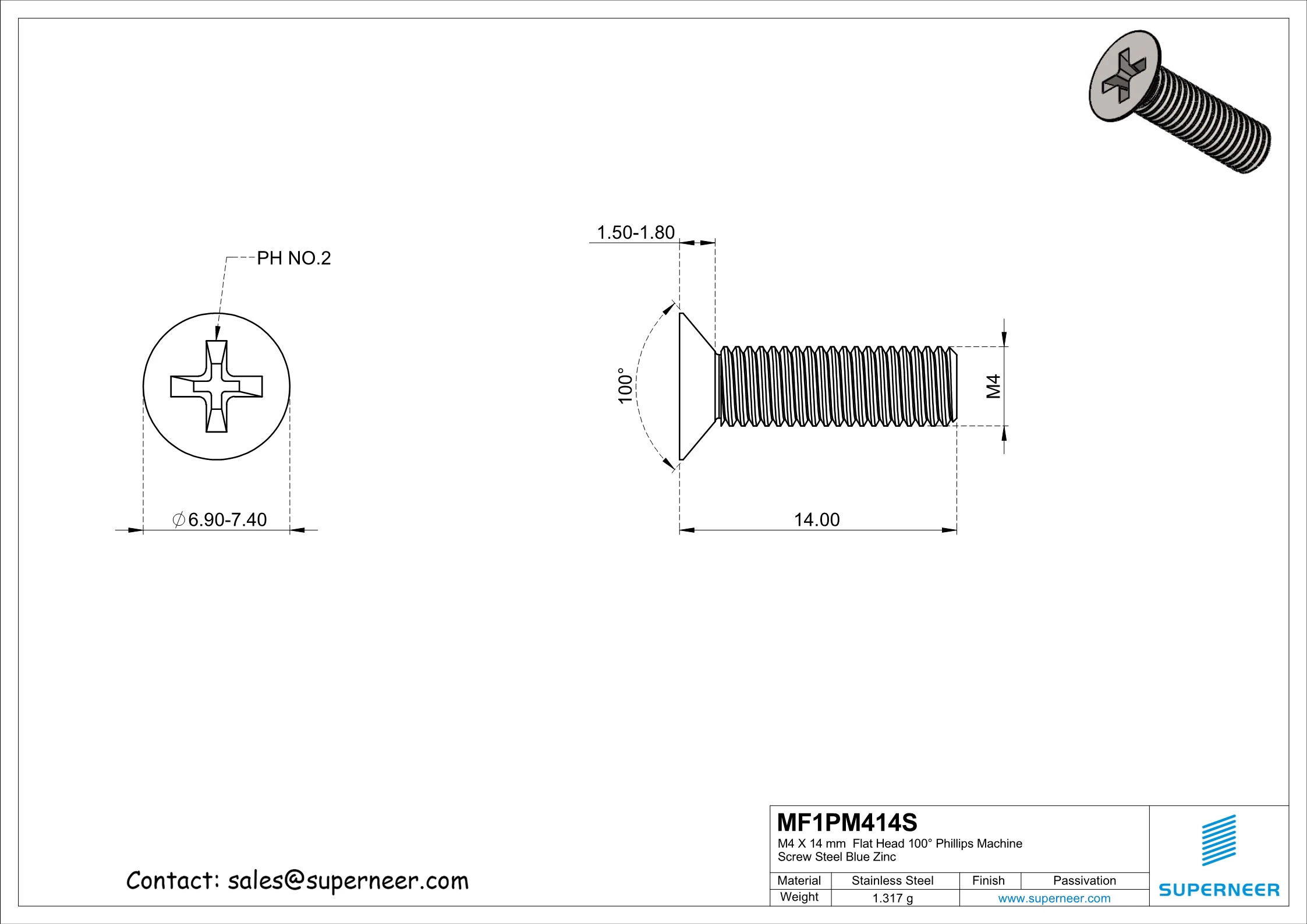 M4 x 14 mm  Flat Head 100&deg; Phillips Machine Screw SUS304 Stainless Steel Inox