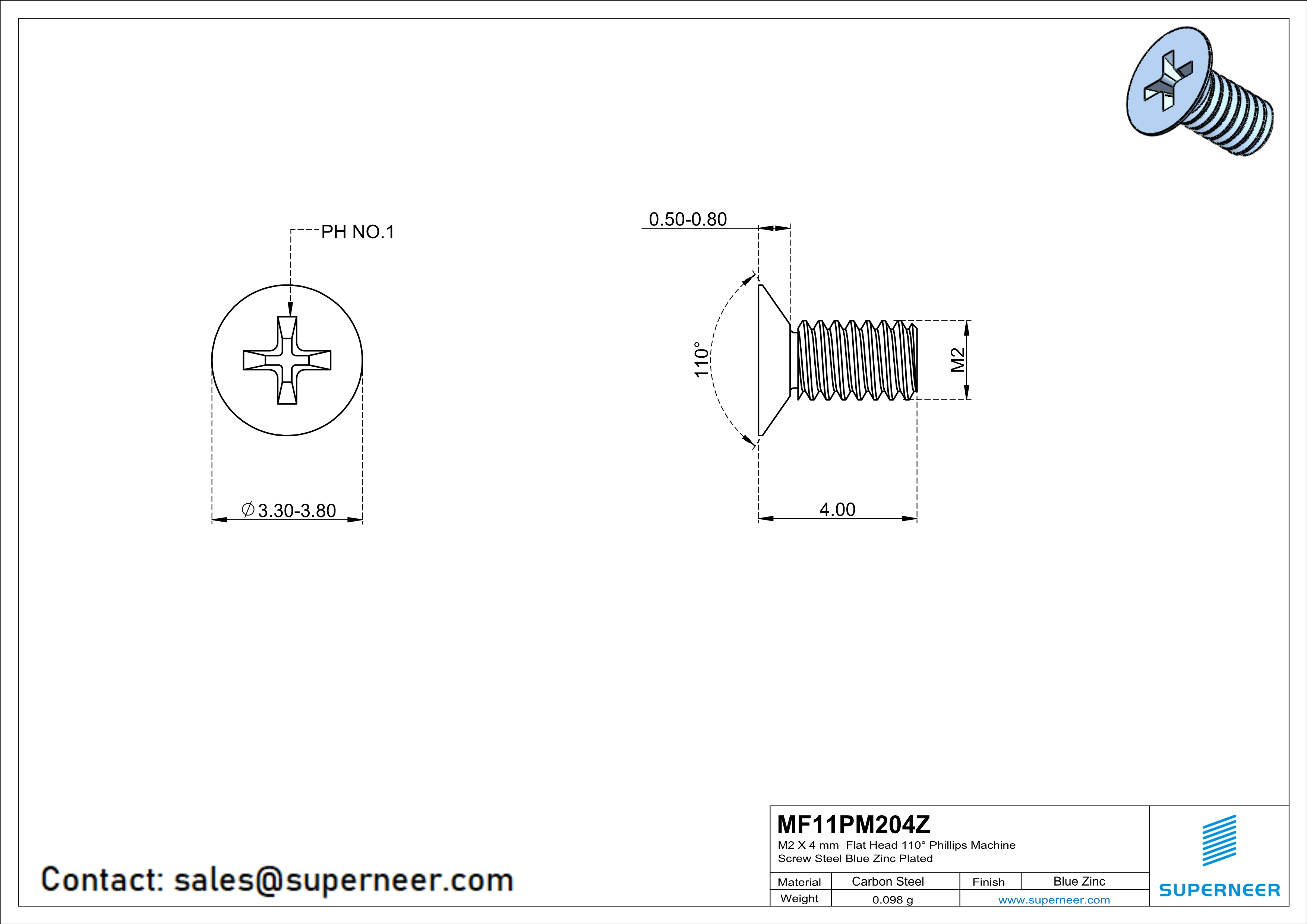M2 x 4 mm Flat Head 110&deg; Phillips Machine Screw Steel Blue Zinc Plated