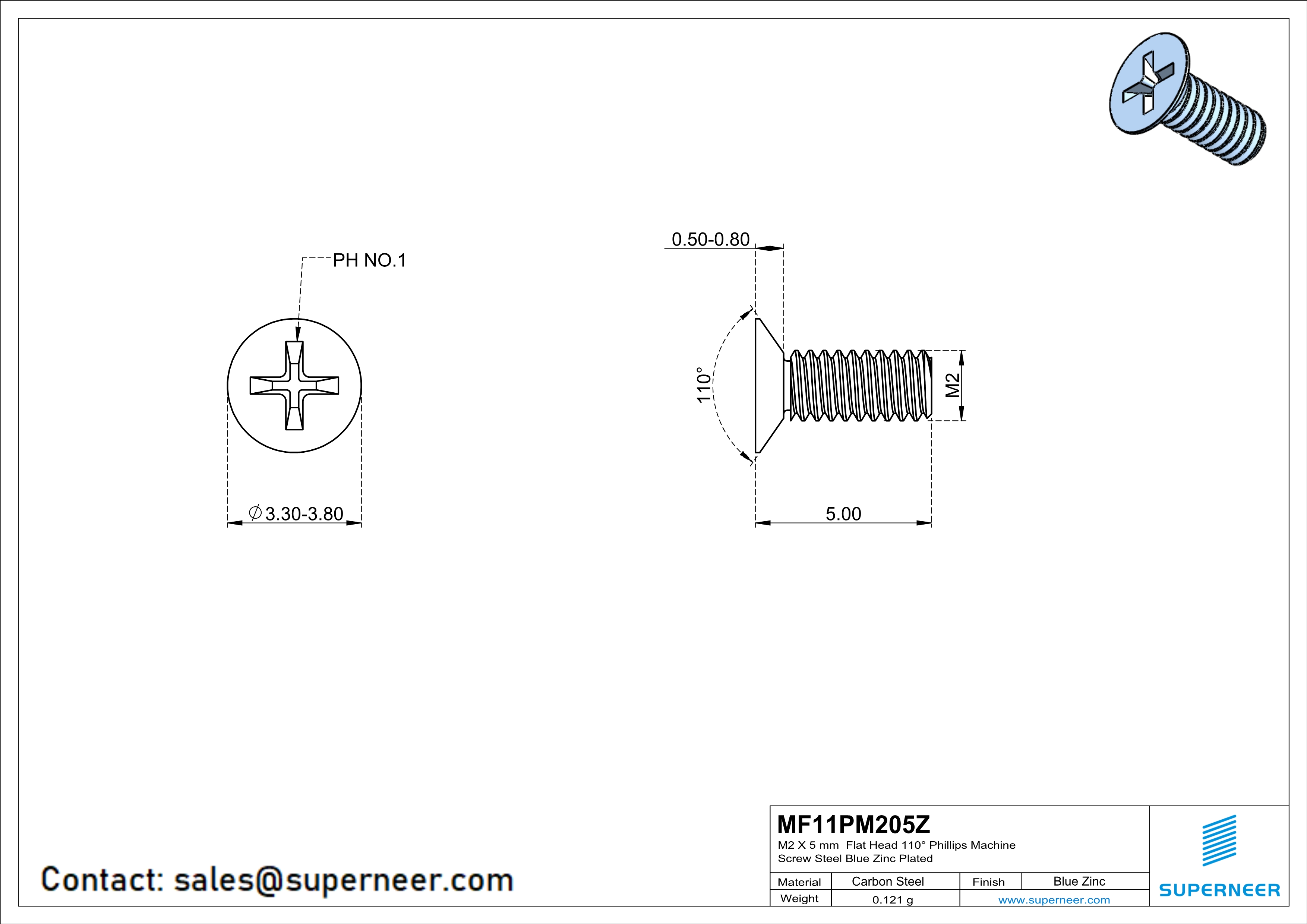 M2 x 5 mm Flat Head 110&deg; Phillips Machine Screw Steel Blue Zinc Plated