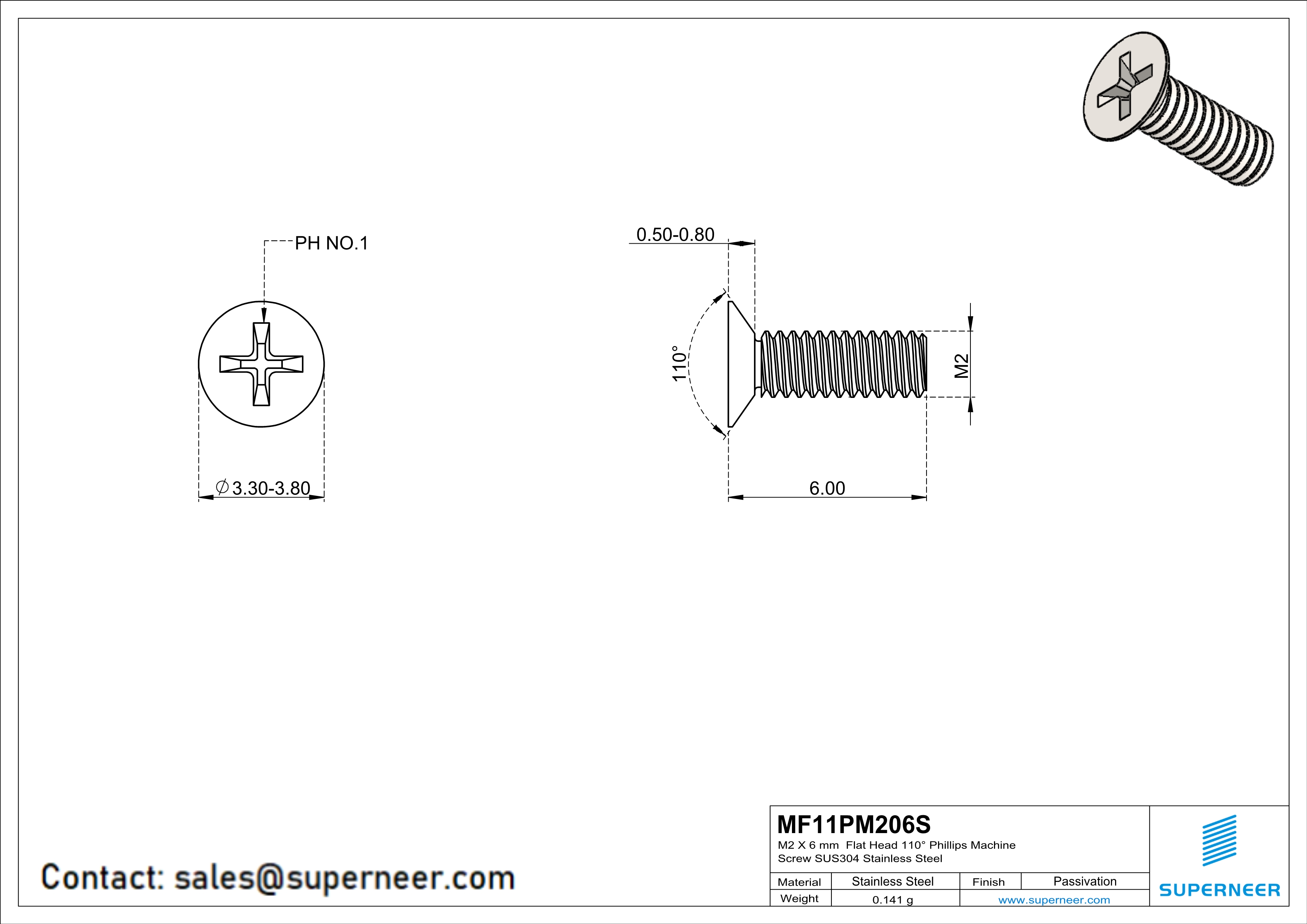 M2 x 6 mm  Flat Head 110&deg; Phillips Machine Screw SUS304 Stainless Steel Inox