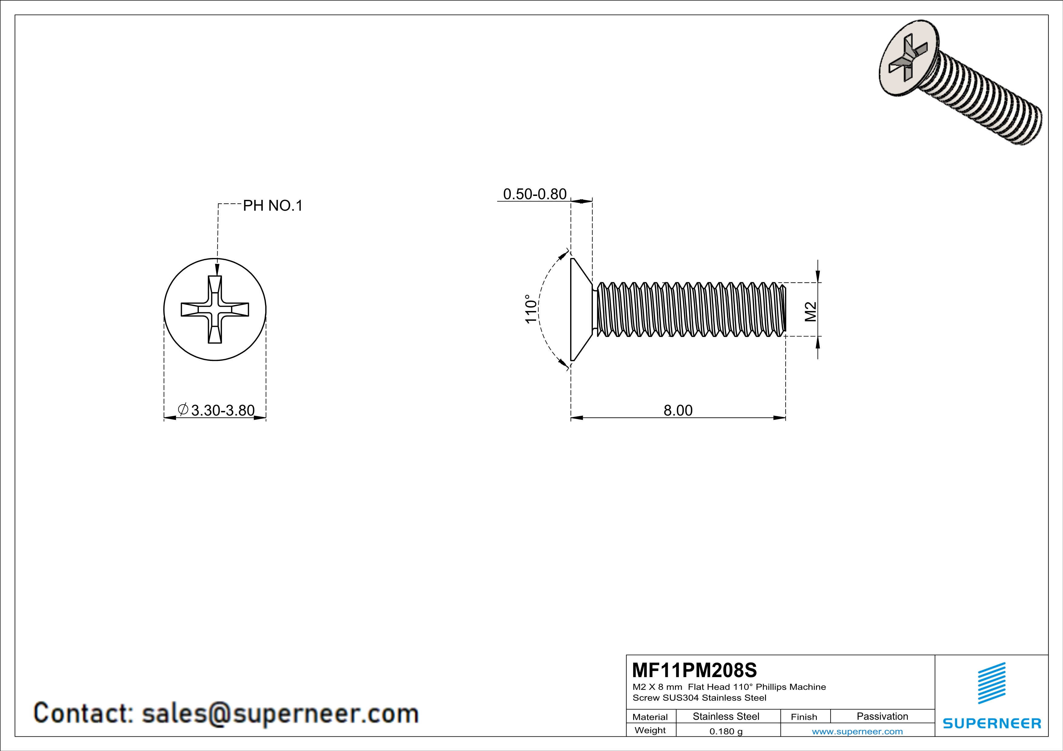 M2 x 8 mm  Flat Head 110&deg; Phillips Machine Screw SUS304 Stainless Steel Inox