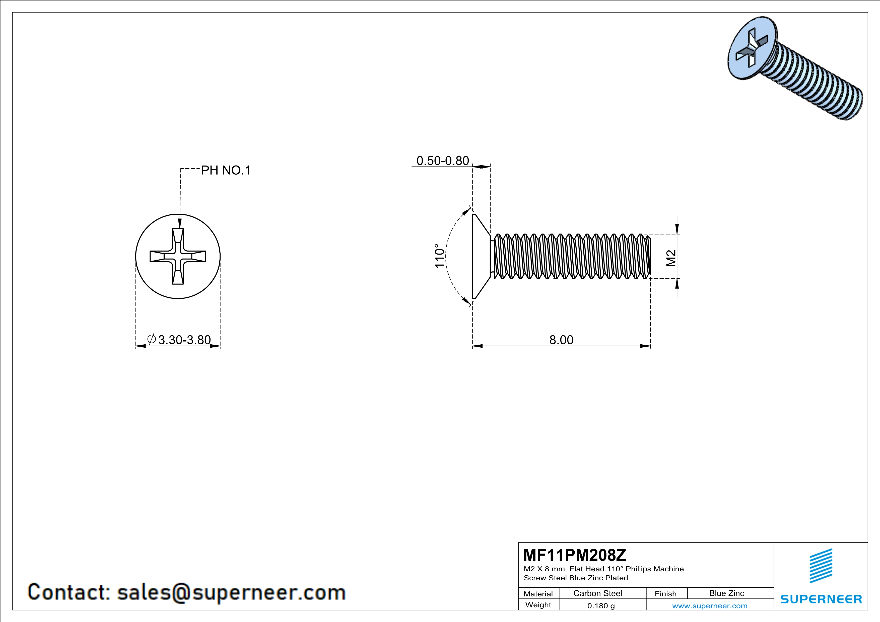 M2 x 8 mm Flat Head 110&deg; Phillips Machine Screw Steel Blue Zinc Plated