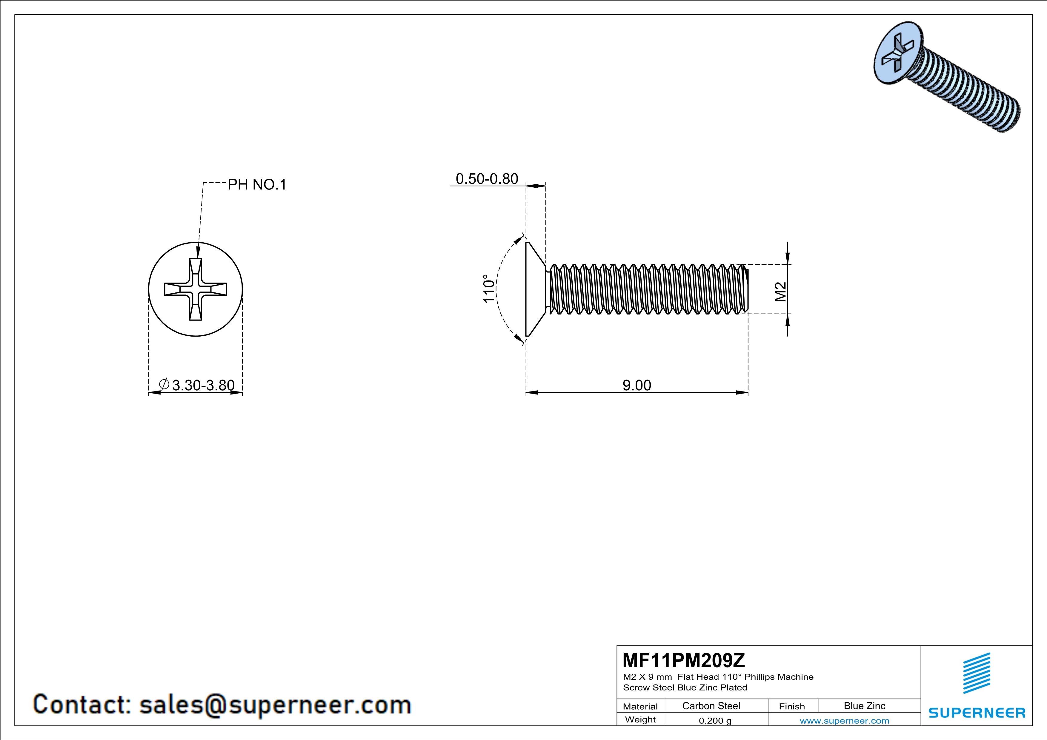 M2 x 9 mm Flat Head 110&deg; Phillips Machine Screw Steel Blue Zinc Plated