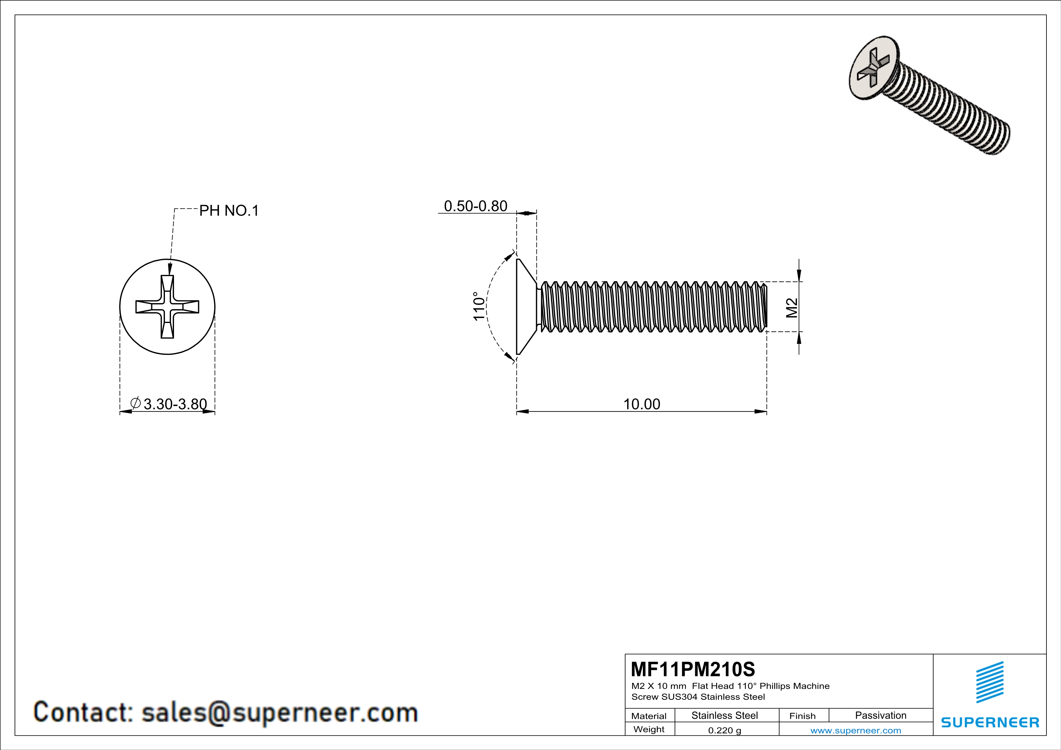 M2 x 10 mm  Flat Head 110&deg; Phillips Machine Screw SUS304 Stainless Steel Inox