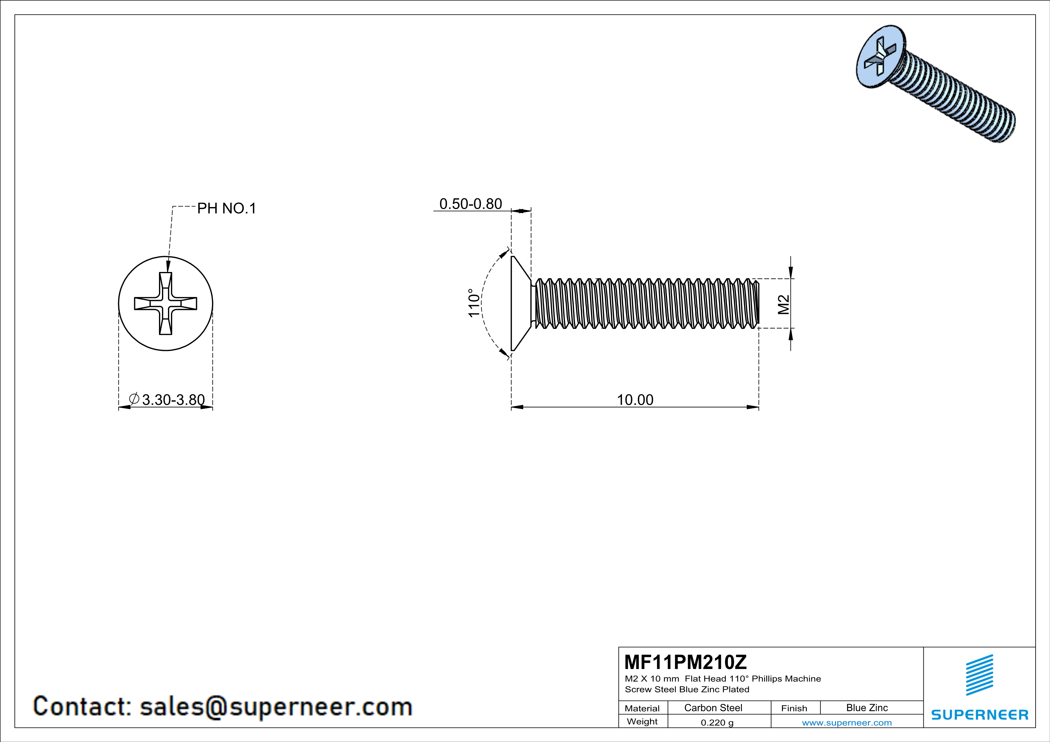 M2 x 10 mm Flat Head 110&deg; Phillips Machine Screw Steel Blue Zinc Plated