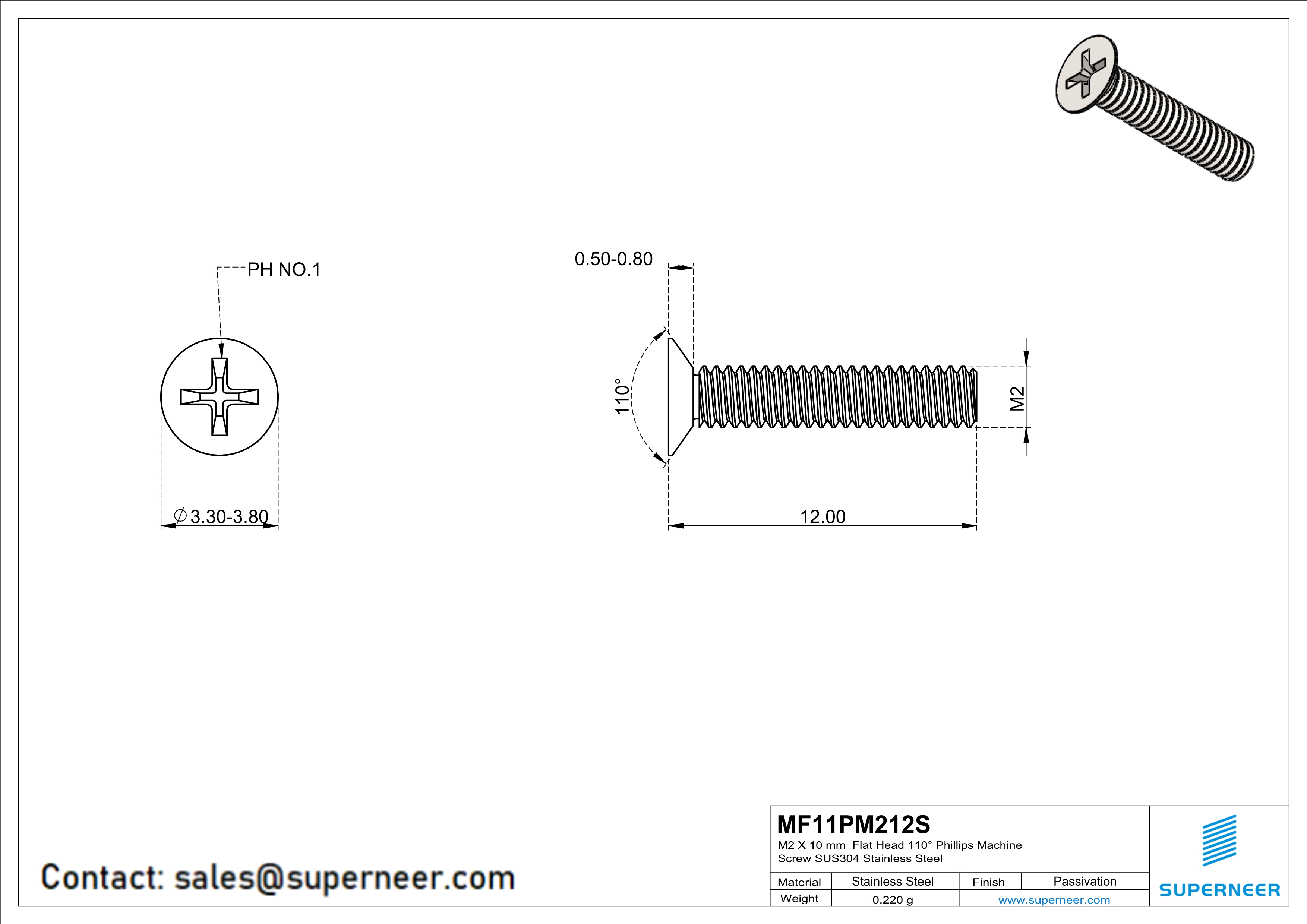 M2 x 12 mm  Flat Head 110&deg; Phillips Machine Screw SUS304 Stainless Steel Inox