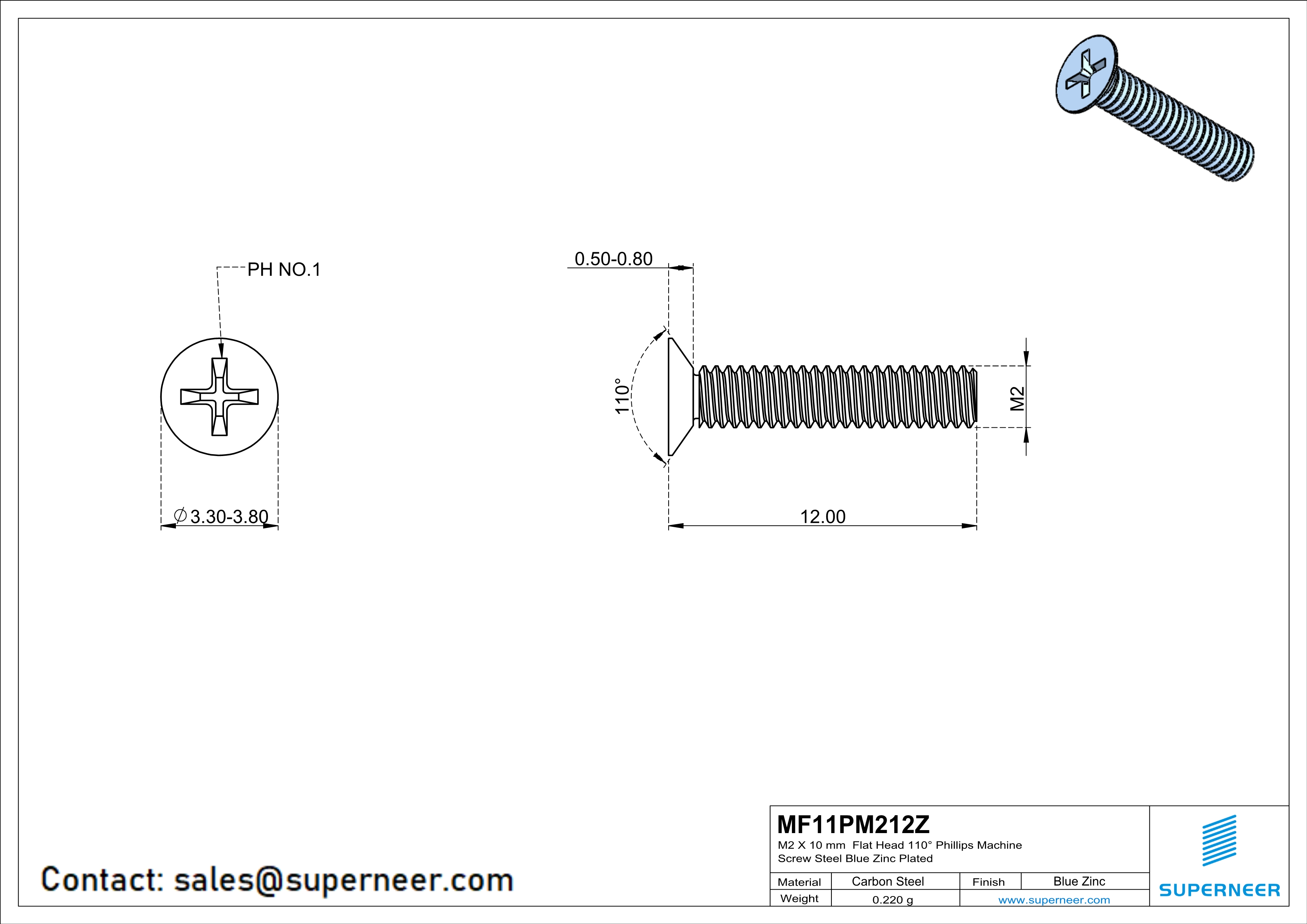 M2 x 12 mm Flat Head 110&deg; Phillips Machine Screw Steel Blue Zinc Plated