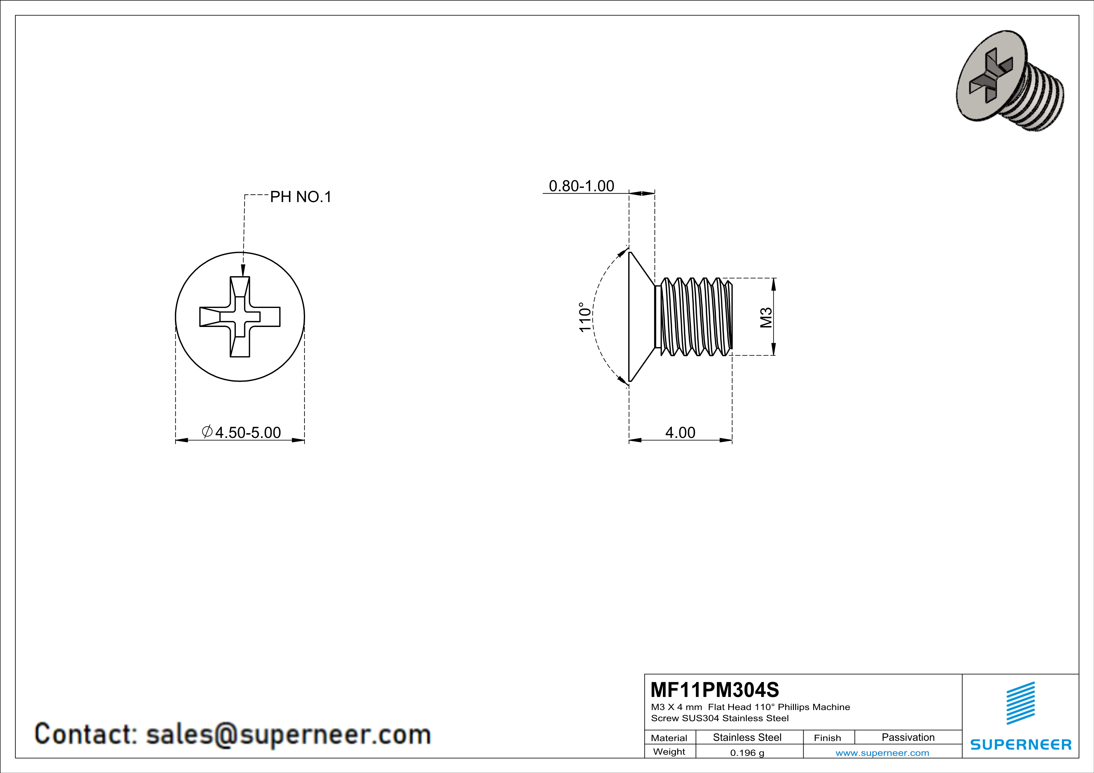 M3 x 4 mm  Flat Head 110&deg; Phillips Machine Screw SUS304 Stainless Steel Inox