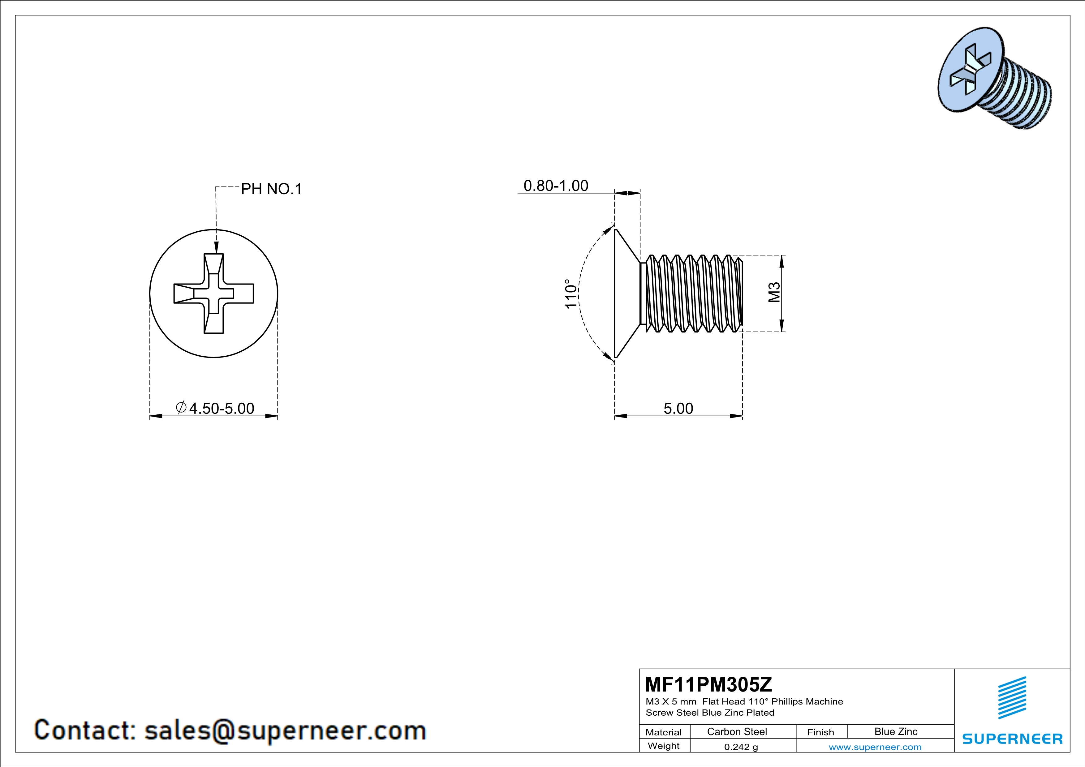 M3 x 5 mm Flat Head 110&deg; Phillips Machine Screw Steel Blue Zinc Plated