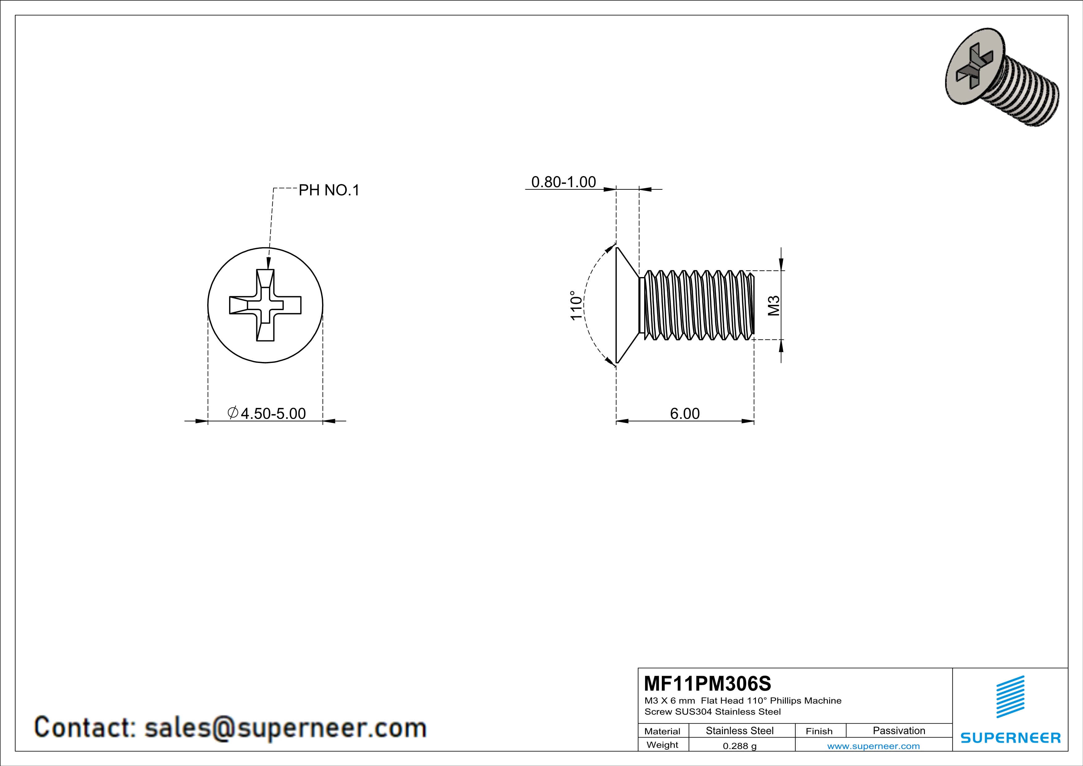M3 x 6 mm  Flat Head 110&deg; Phillips Machine Screw SUS304 Stainless Steel Inox