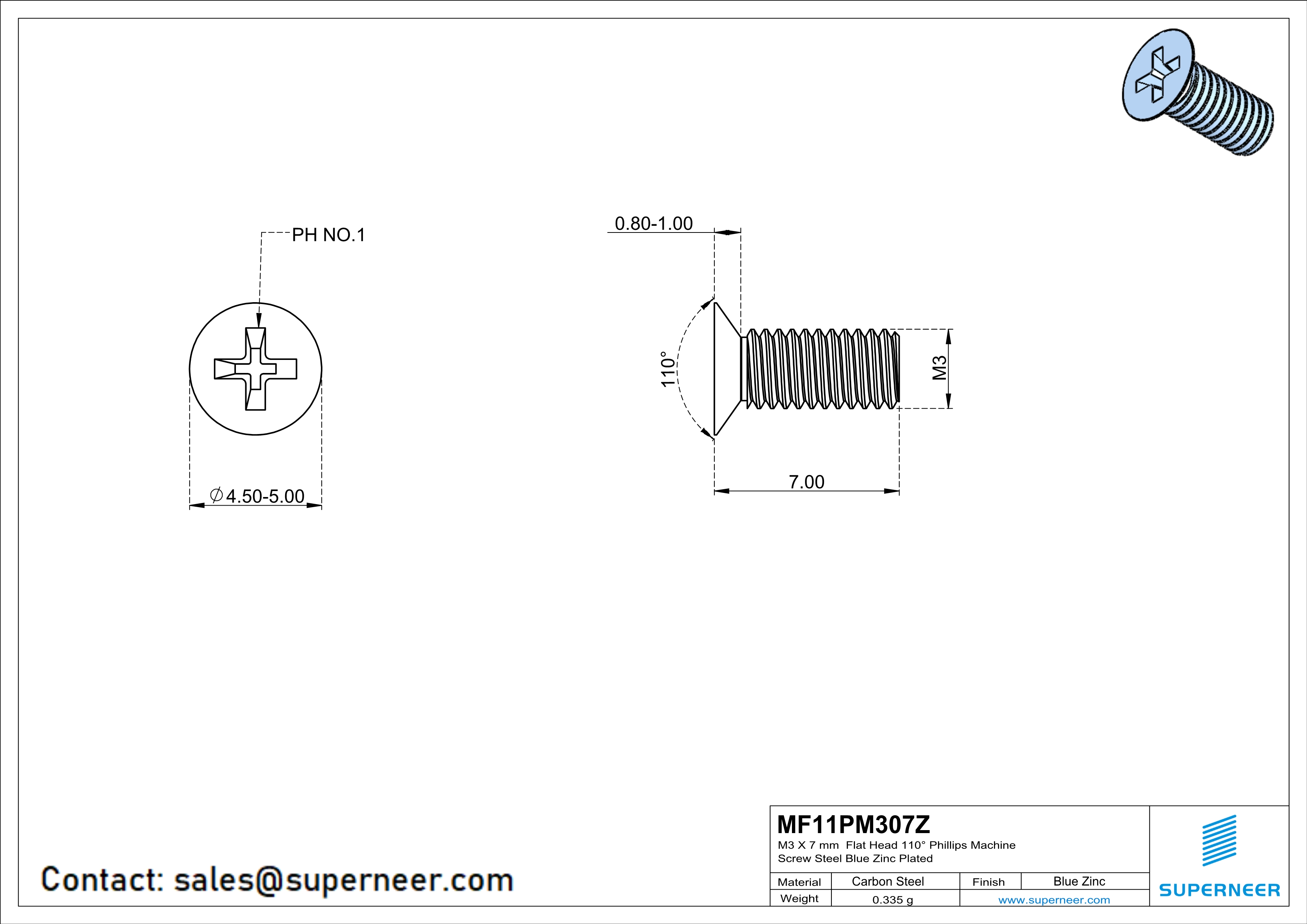 M3 x 7 mm Flat Head 110&deg; Phillips Machine Screw Steel Blue Zinc Plated