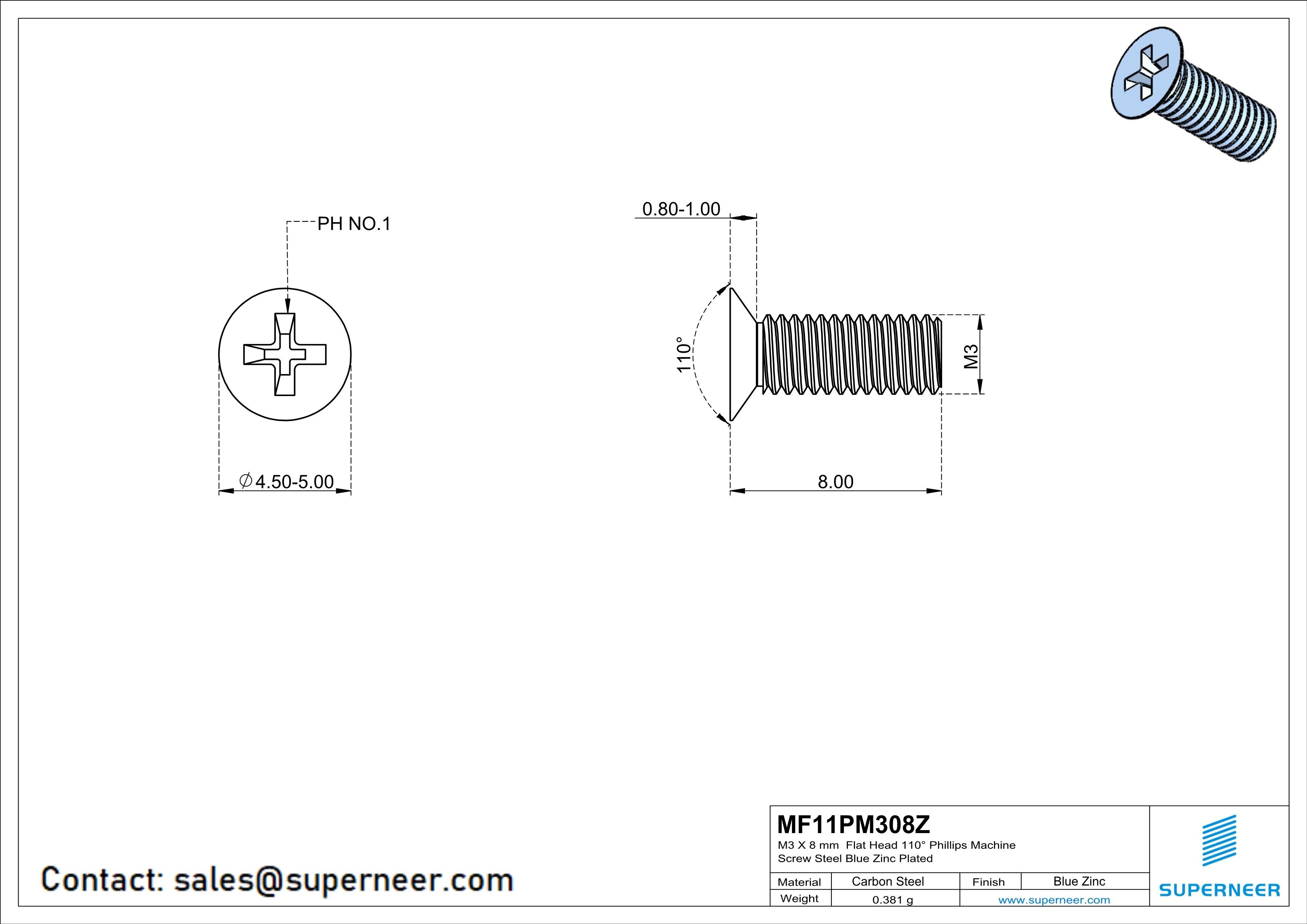 M3 x 8 mm Flat Head 110&deg; Phillips Machine Screw Steel Blue Zinc Plated