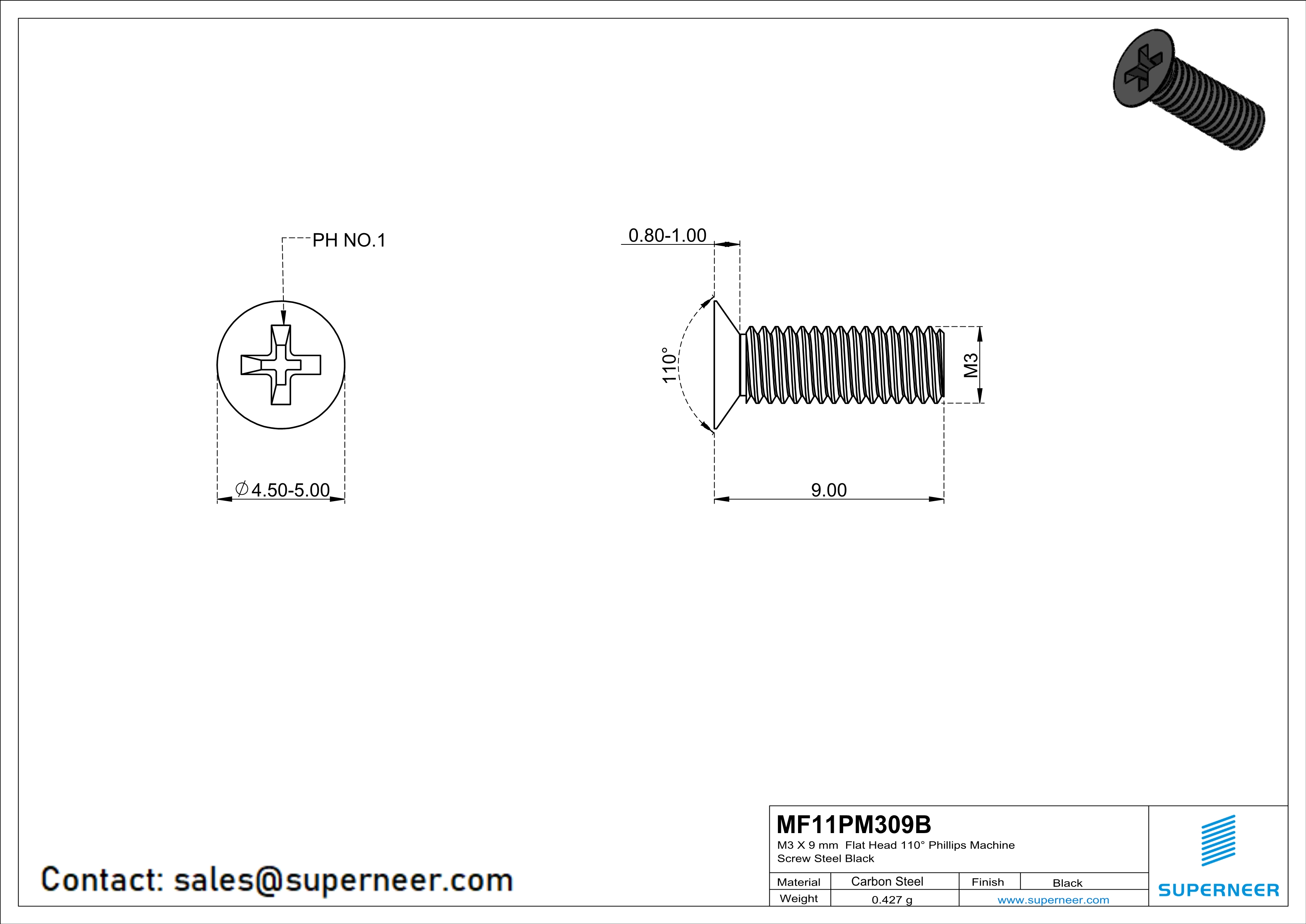 M3 x 9 mm Flat Head 110&deg; Phillips Machine Screw Steel Black