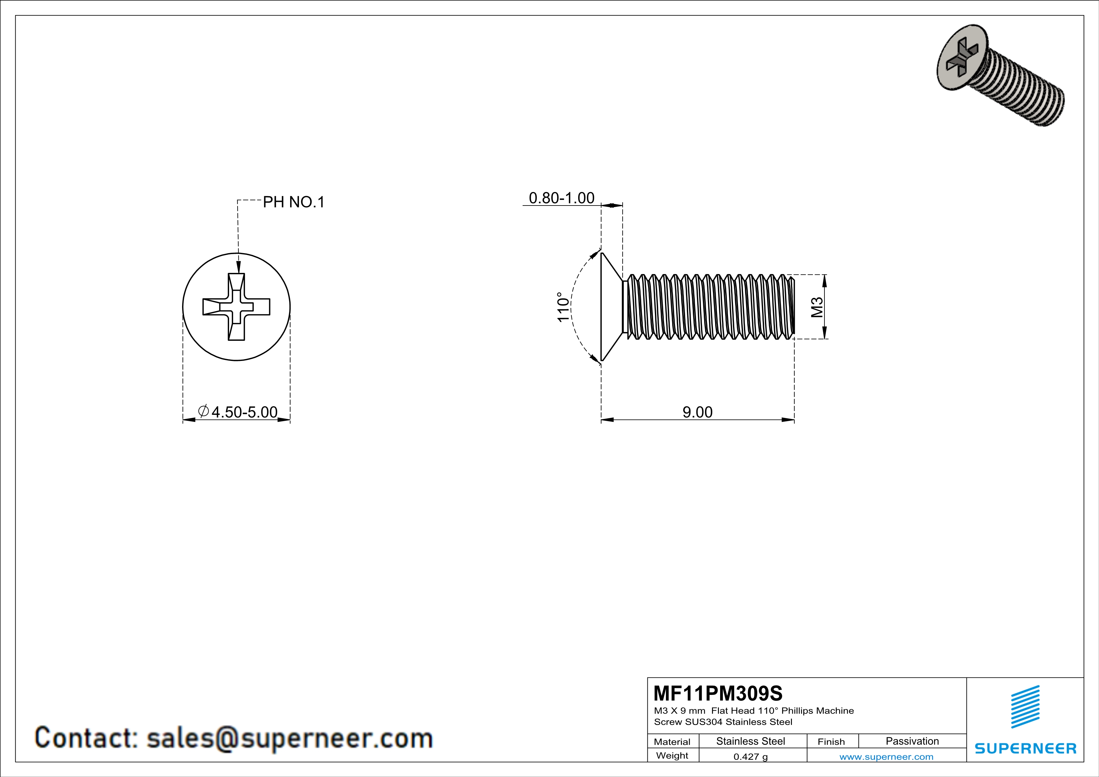 M3 x 9 mm  Flat Head 110&deg; Phillips Machine Screw SUS304 Stainless Steel Inox