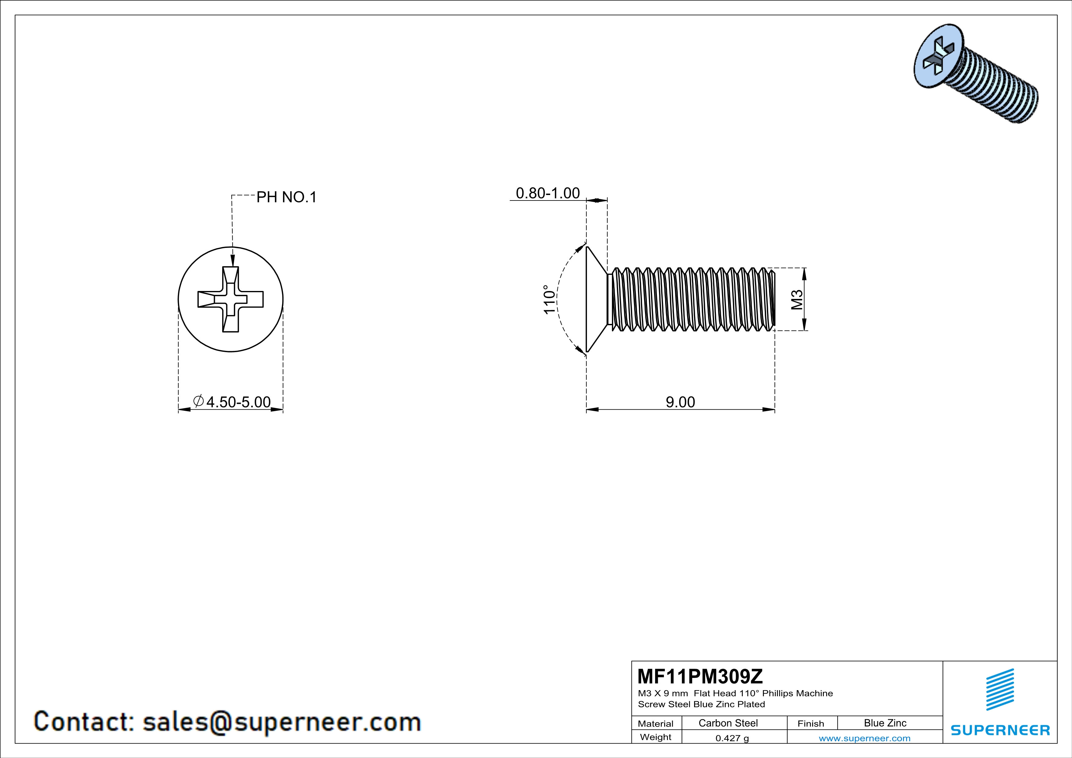 M3 x 9 mm Flat Head 110&deg; Phillips Machine Screw Steel Blue Zinc Plated