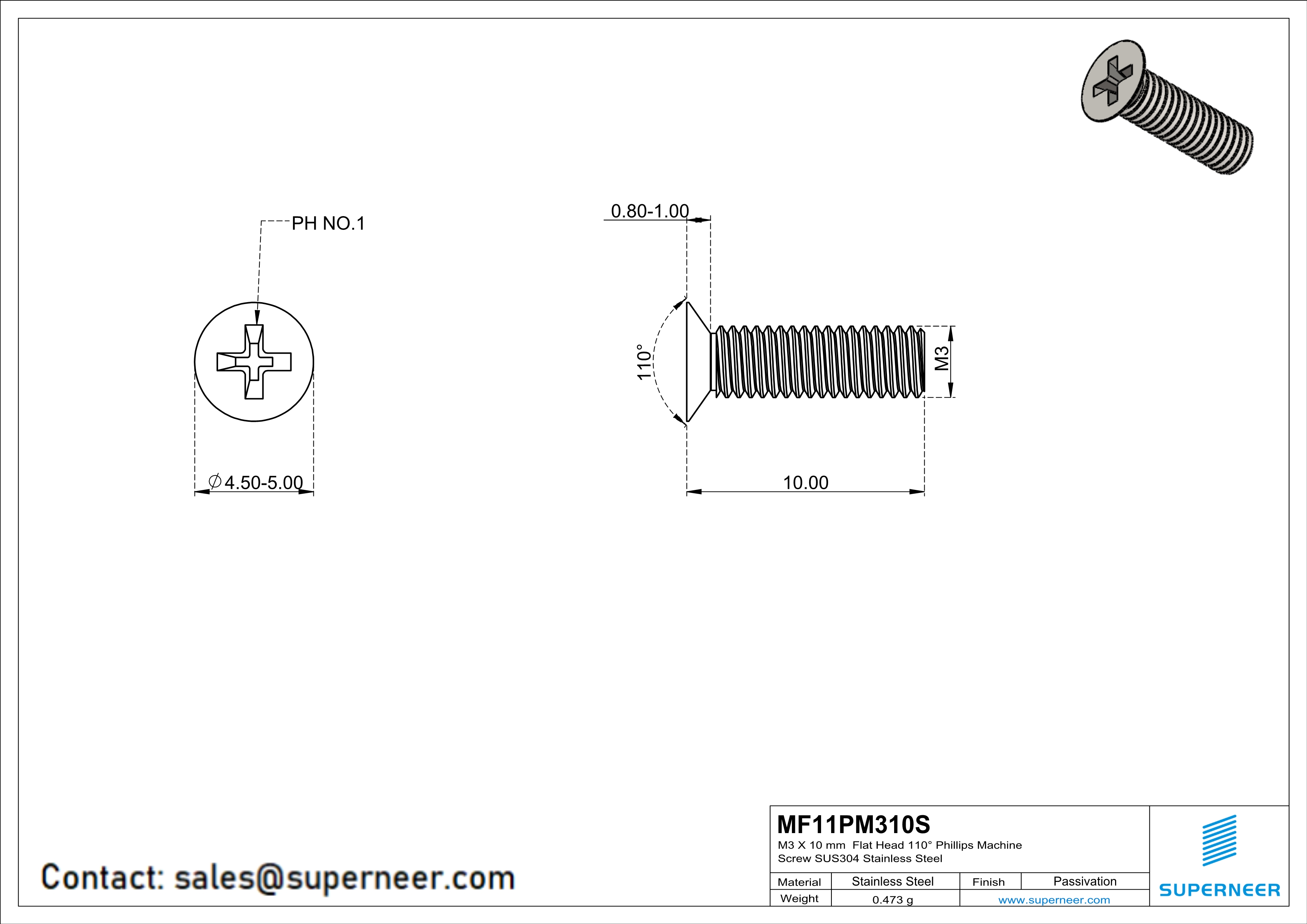 M3 x 10 mm  Flat Head 110&deg; Phillips Machine Screw SUS304 Stainless Steel Inox