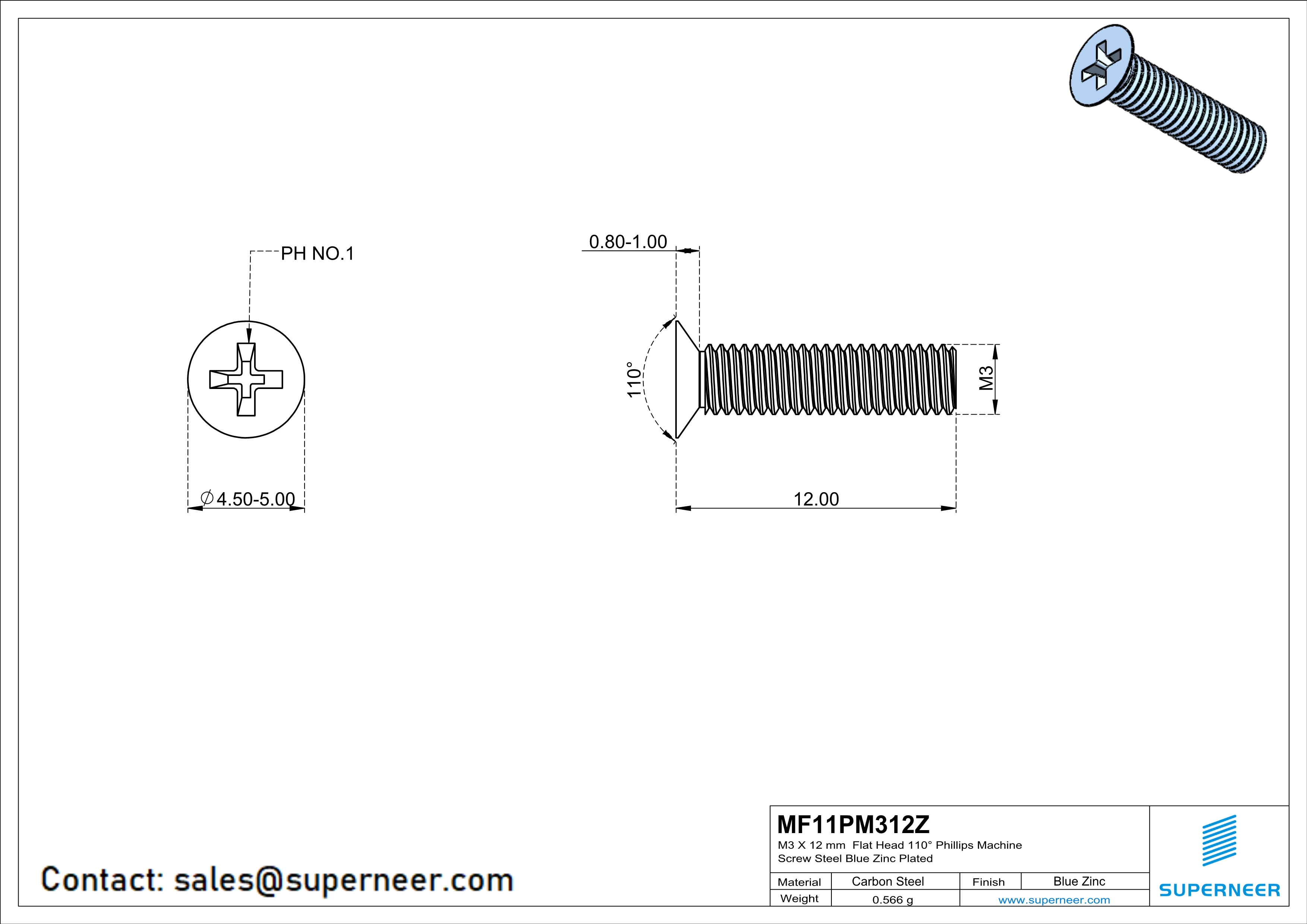 M3 x 12 mm Flat Head 110&deg; Phillips Machine Screw Steel Blue Zinc Plated