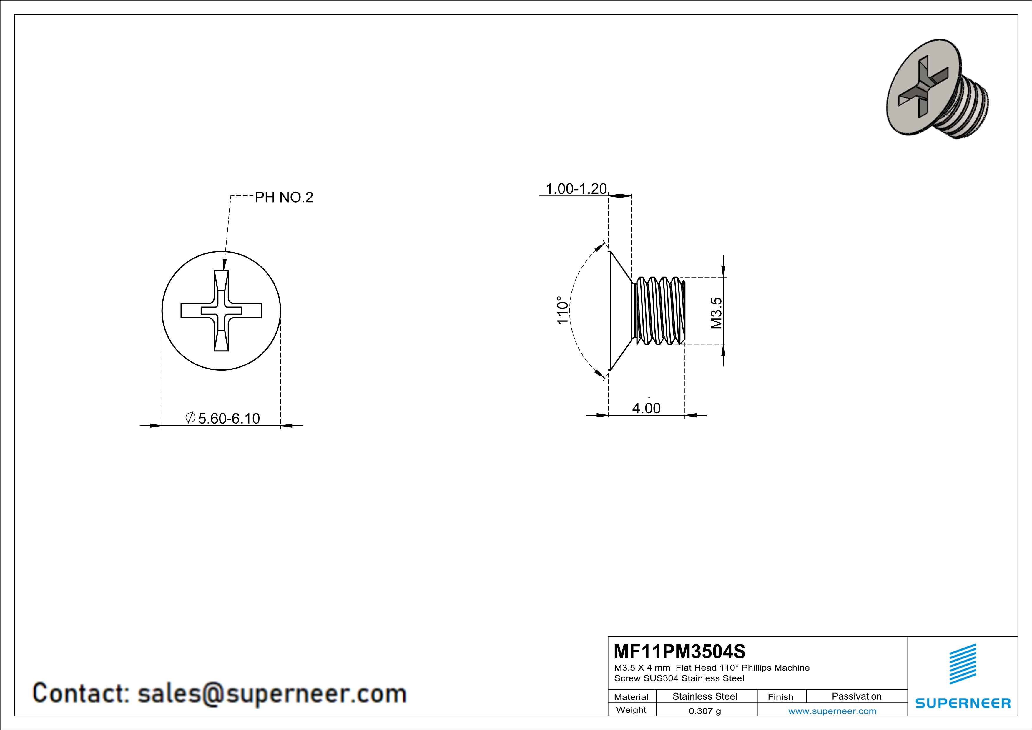 M3.5 x 4 mm  Flat Head 110&deg; Phillips Machine Screw SUS304 Stainless Steel Inox