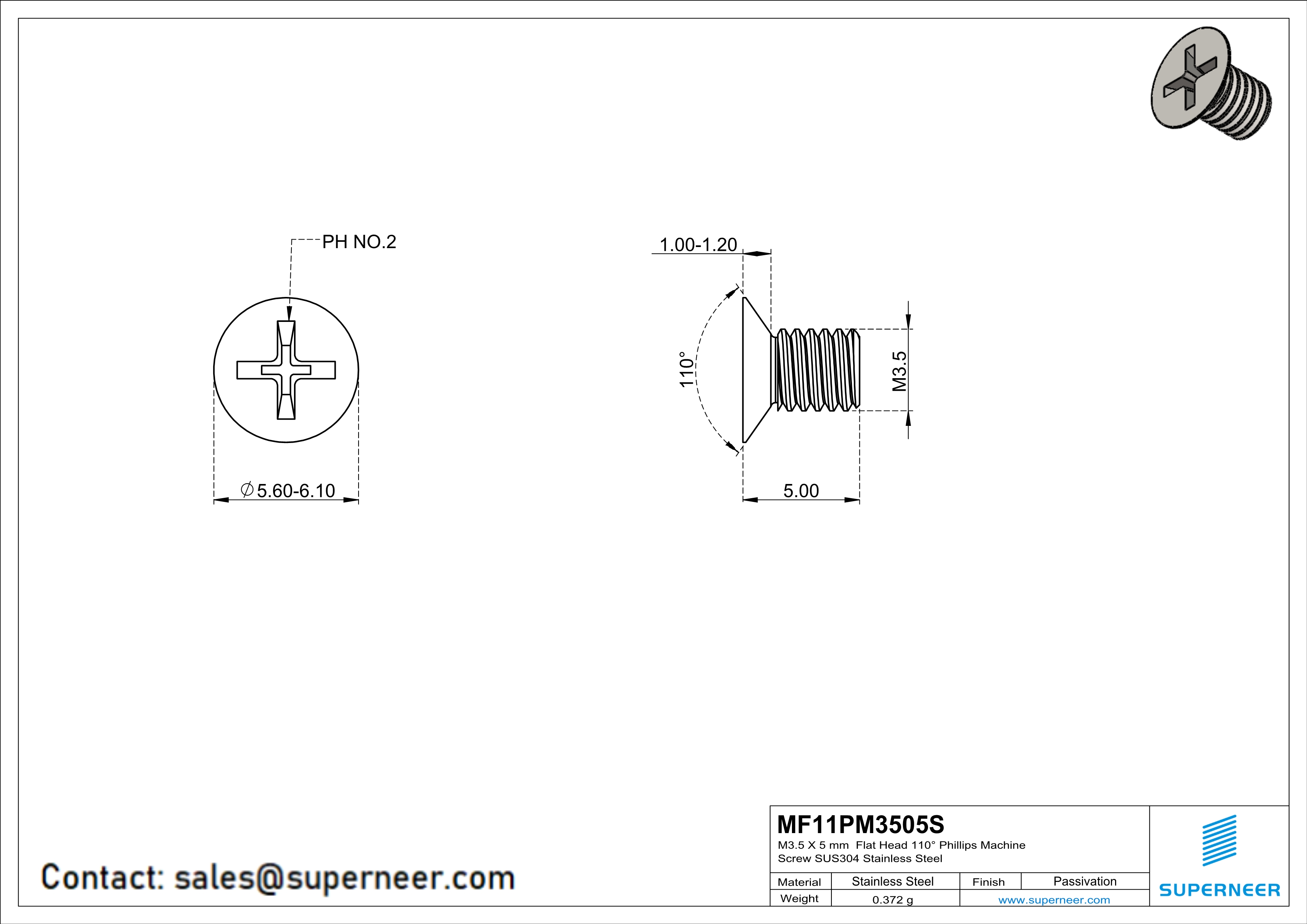 M3.5 x 5 mm  Flat Head 110&deg; Phillips Machine Screw SUS304 Stainless Steel Inox