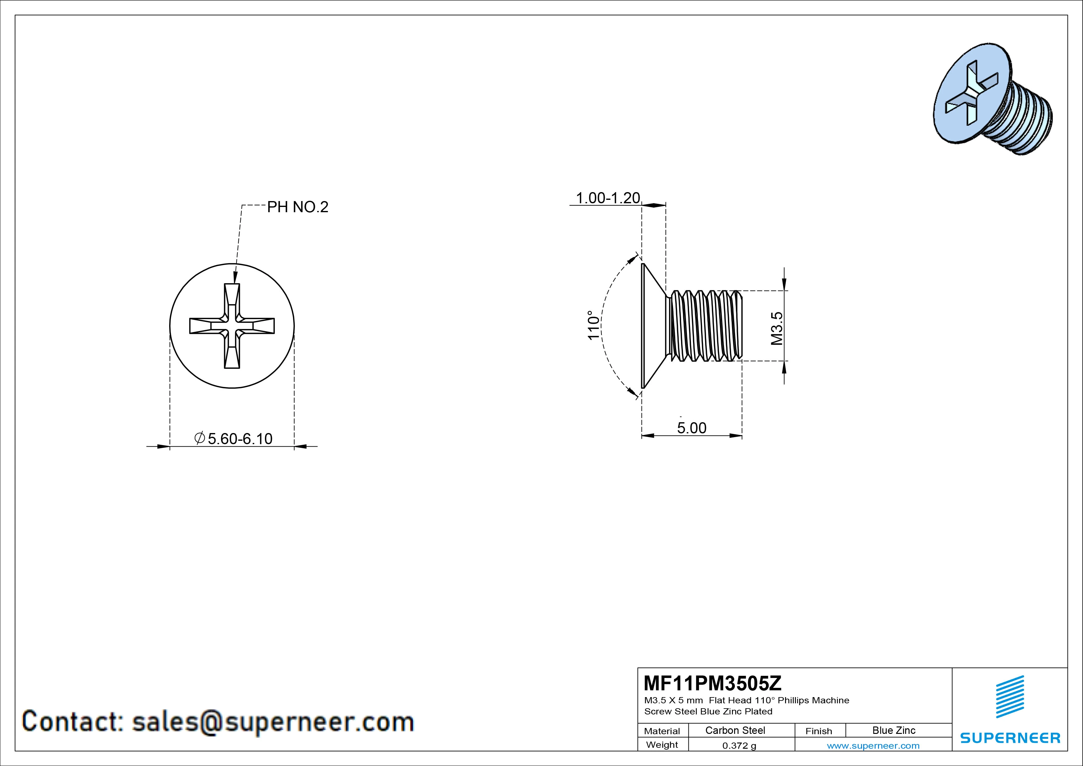 M3.5 x 5 mm Flat Head 110&deg; Phillips Machine Screw Steel Blue Zinc Plated