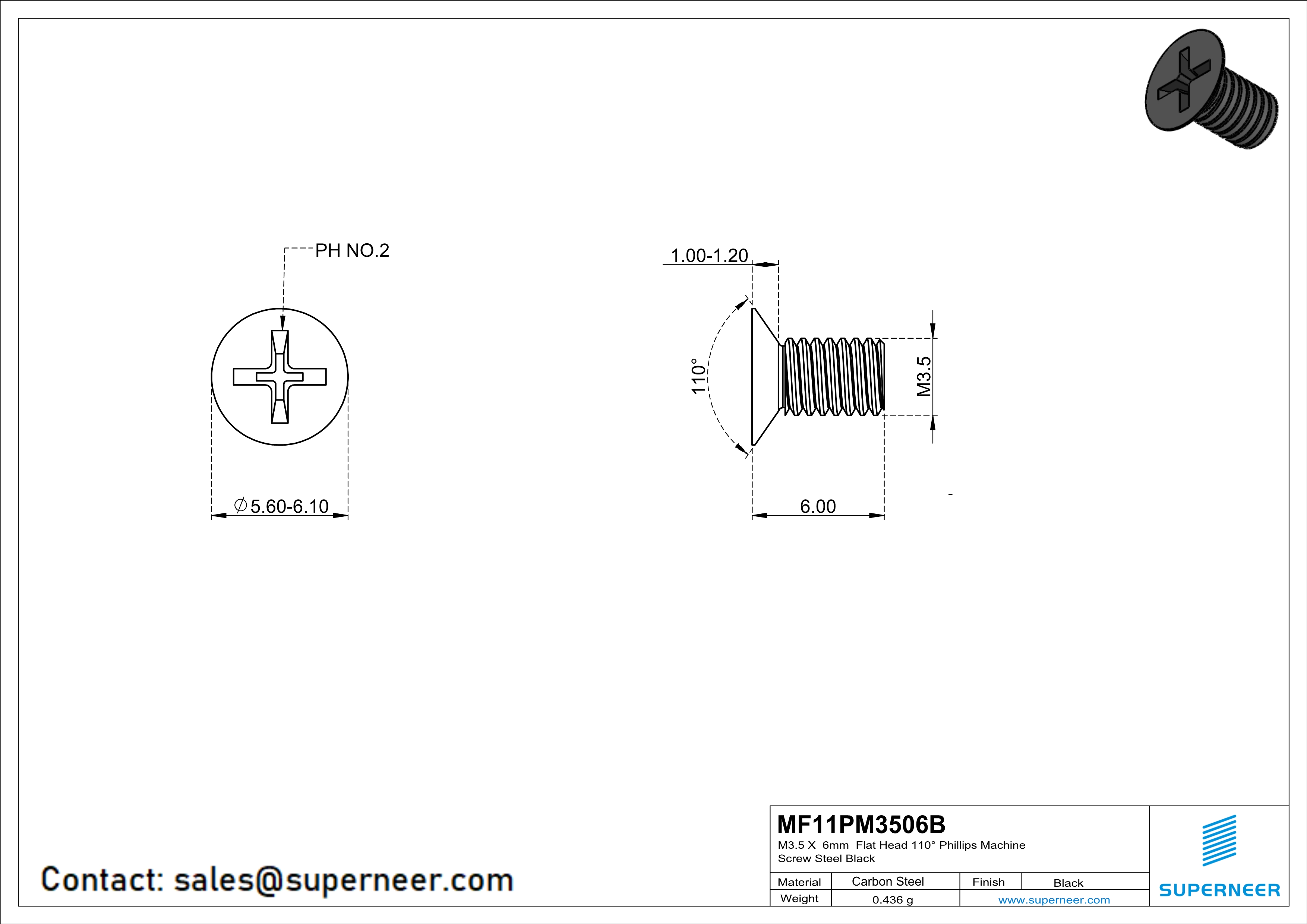 M3.5 x 6 mm Flat Head 110&deg; Phillips Machine Screw Steel Black