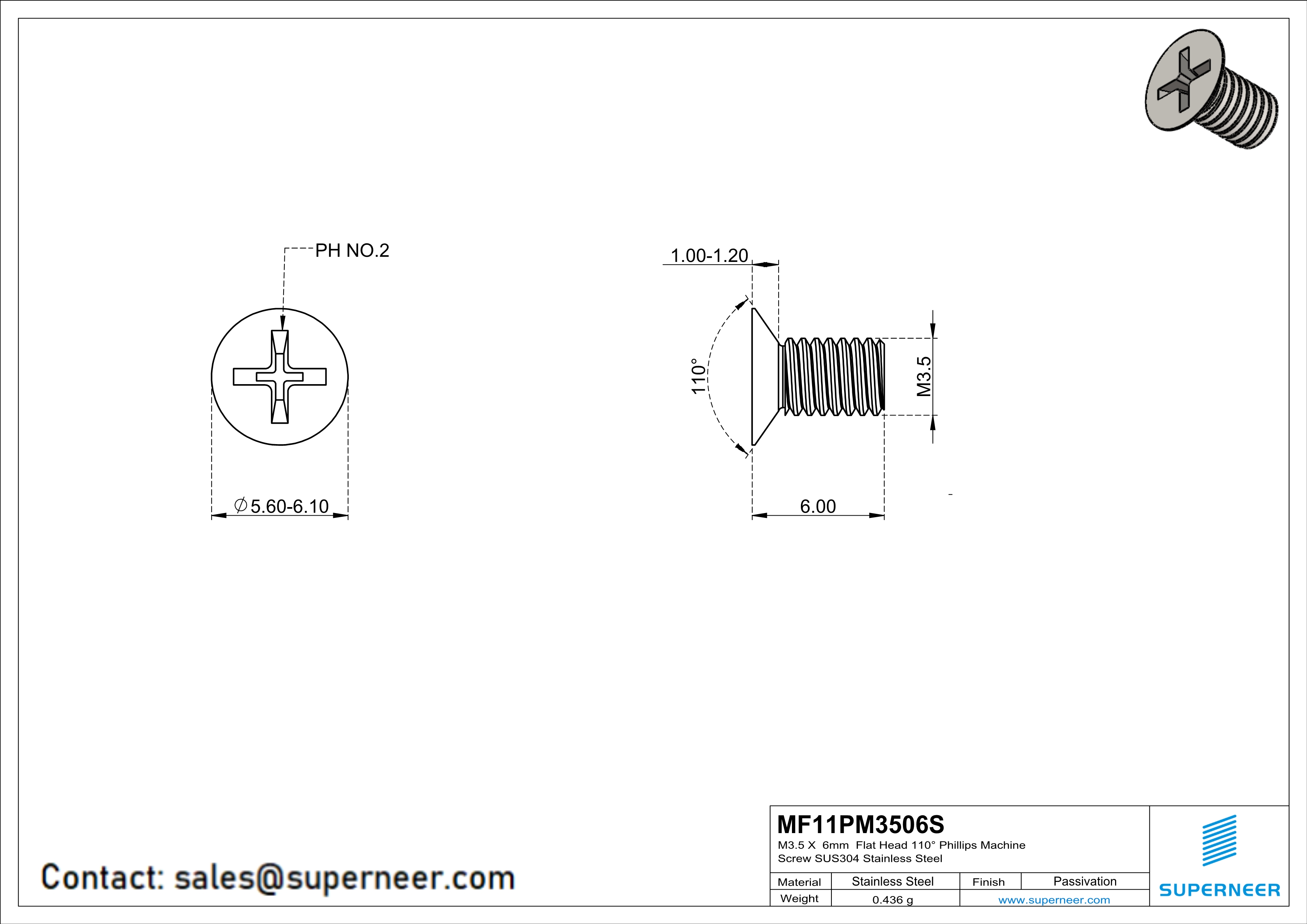 M3.5 x 6 mm  Flat Head 110&deg; Phillips Machine Screw SUS304 Stainless Steel Inox