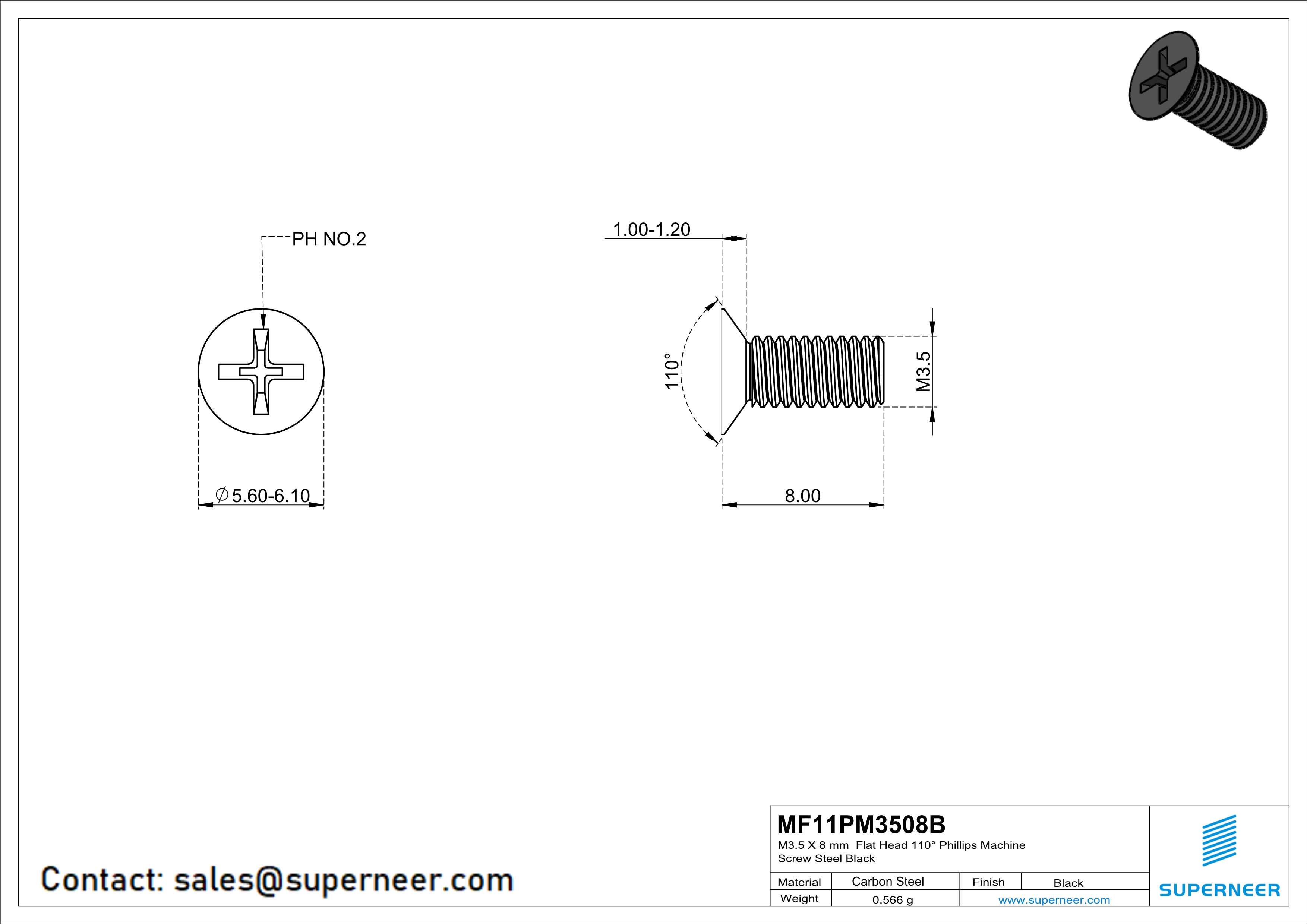 M3.5 x 8 mm Flat Head 110&deg; Phillips Machine Screw Steel Black