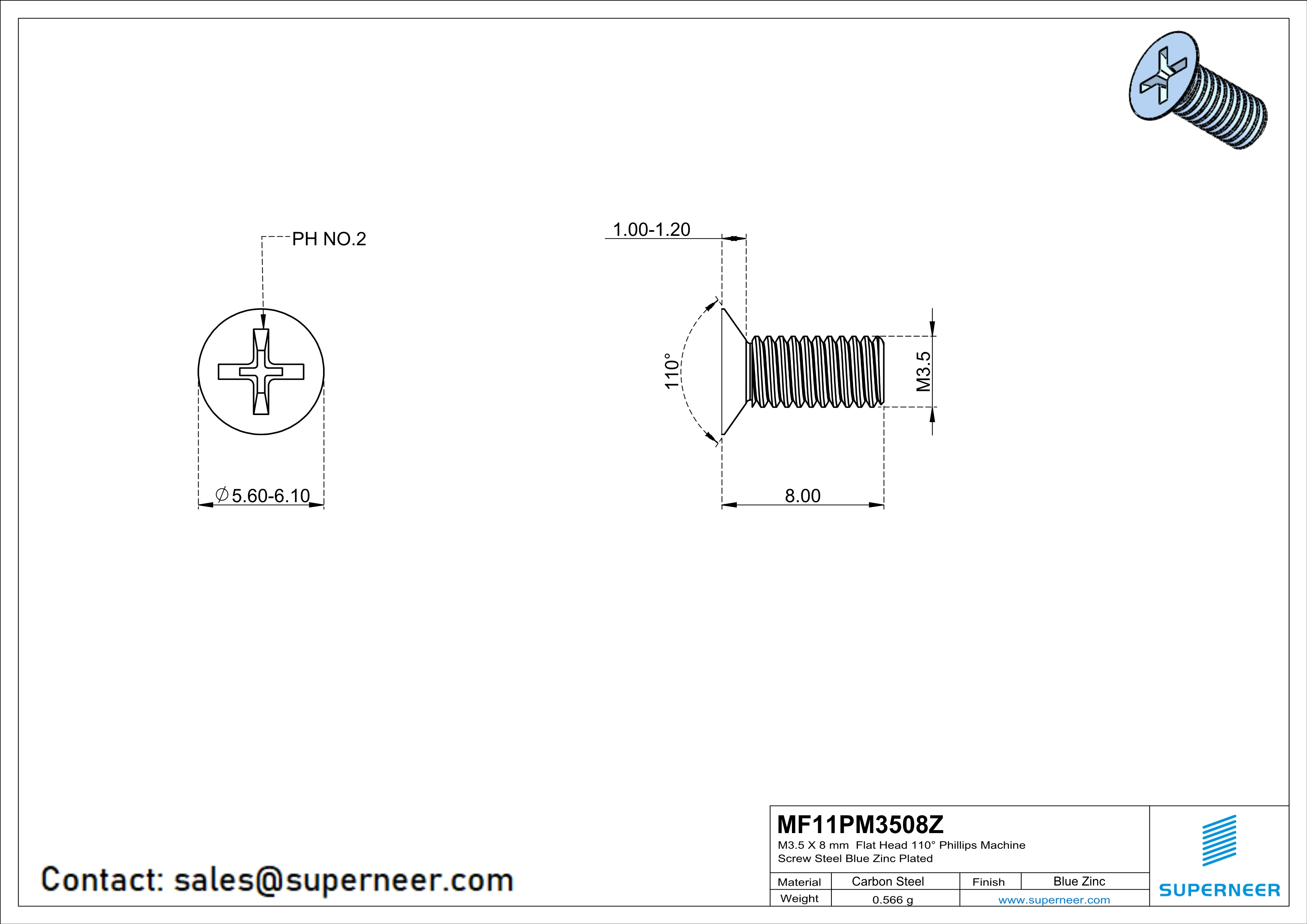 M3.5 x 8 mm Flat Head 110&deg; Phillips Machine Screw Steel Blue Zinc Plated