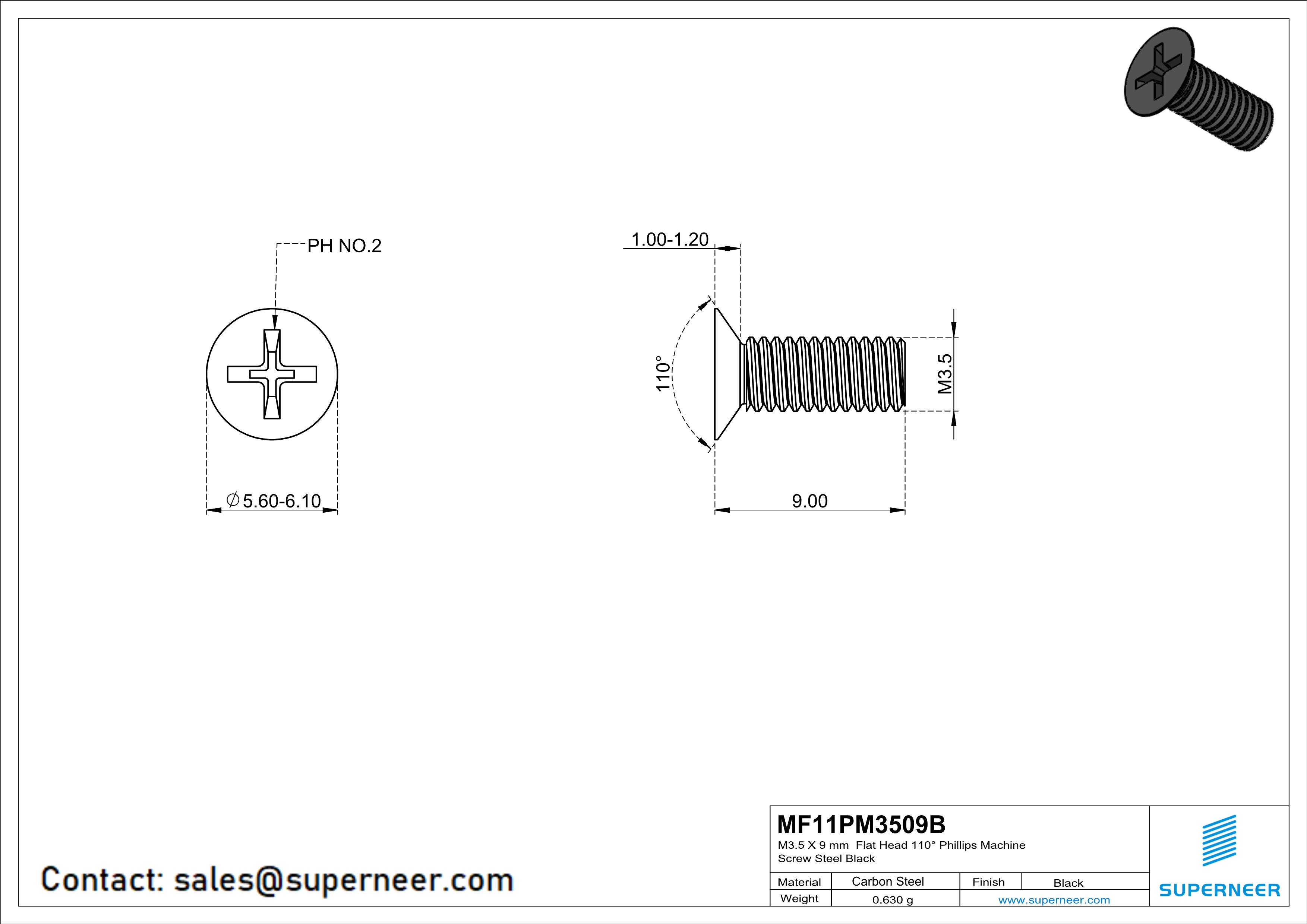 M3.5 x 9 mm Flat Head 110&deg; Phillips Machine Screw Steel Black