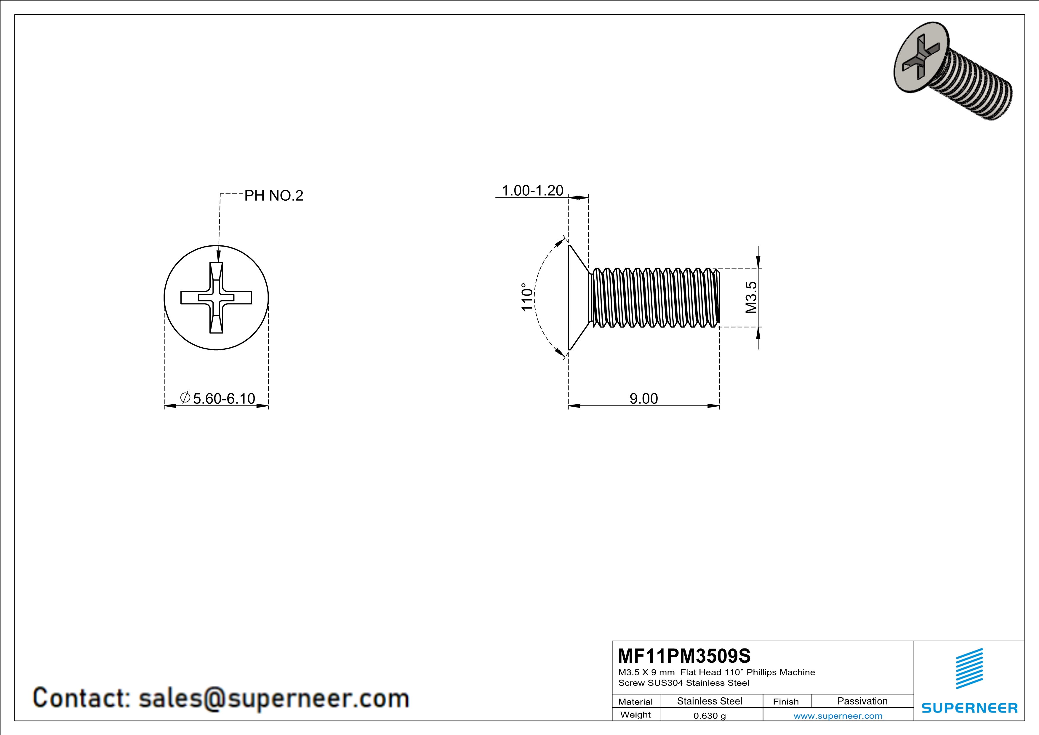M3.5 x 9 mm  Flat Head 110&deg; Phillips Machine Screw SUS304 Stainless Steel Inox
