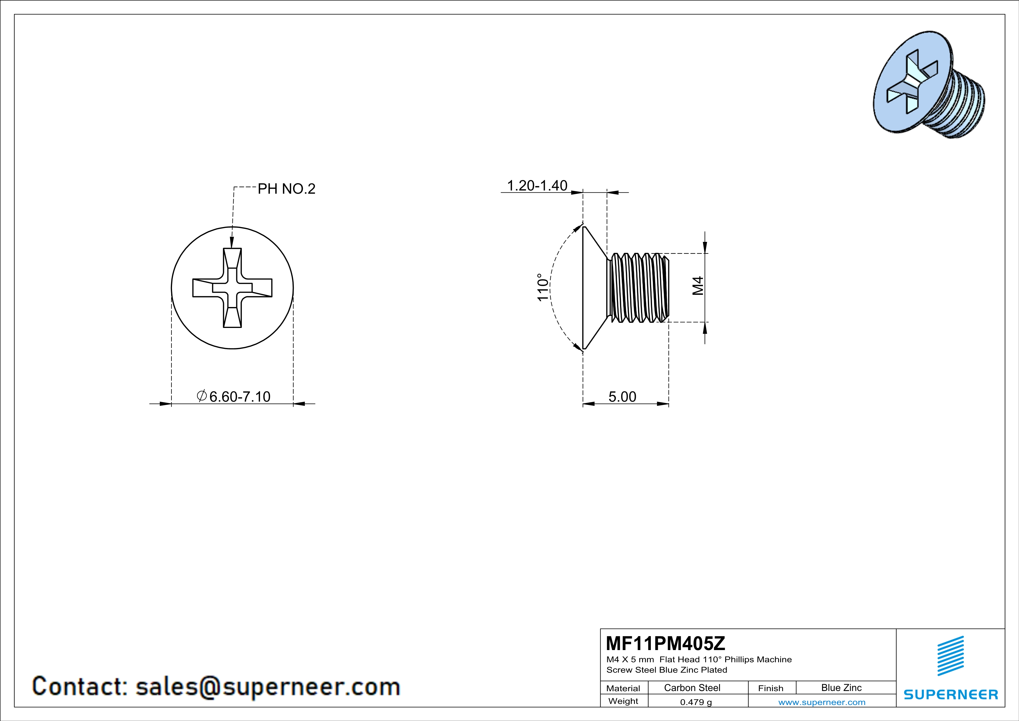 M4 x 5 mm Flat Head 110&deg; Phillips Machine Screw Steel Blue Zinc Plated
