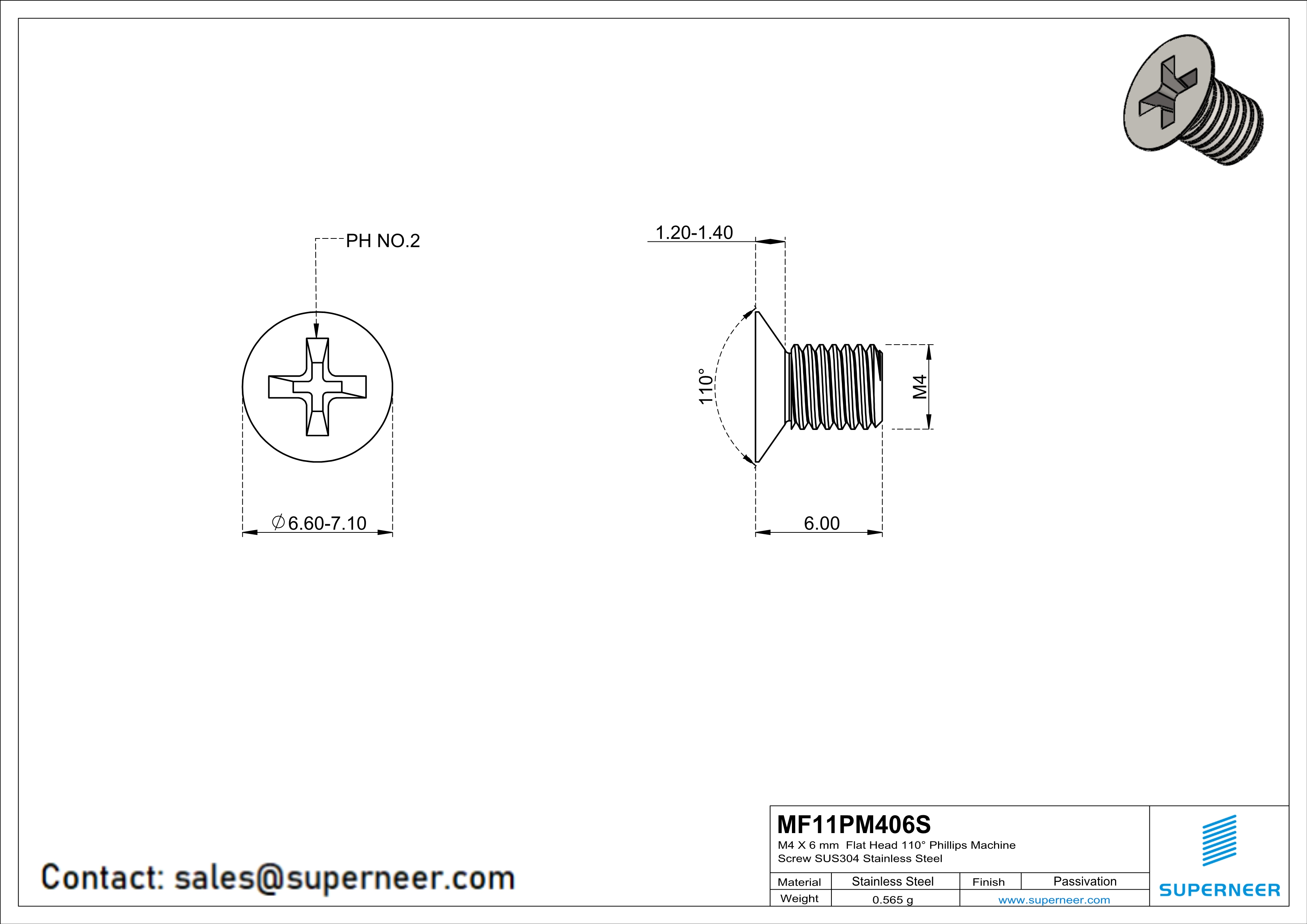M4 x 6 mm  Flat Head 110&deg; Phillips Machine Screw SUS304 Stainless Steel Inox