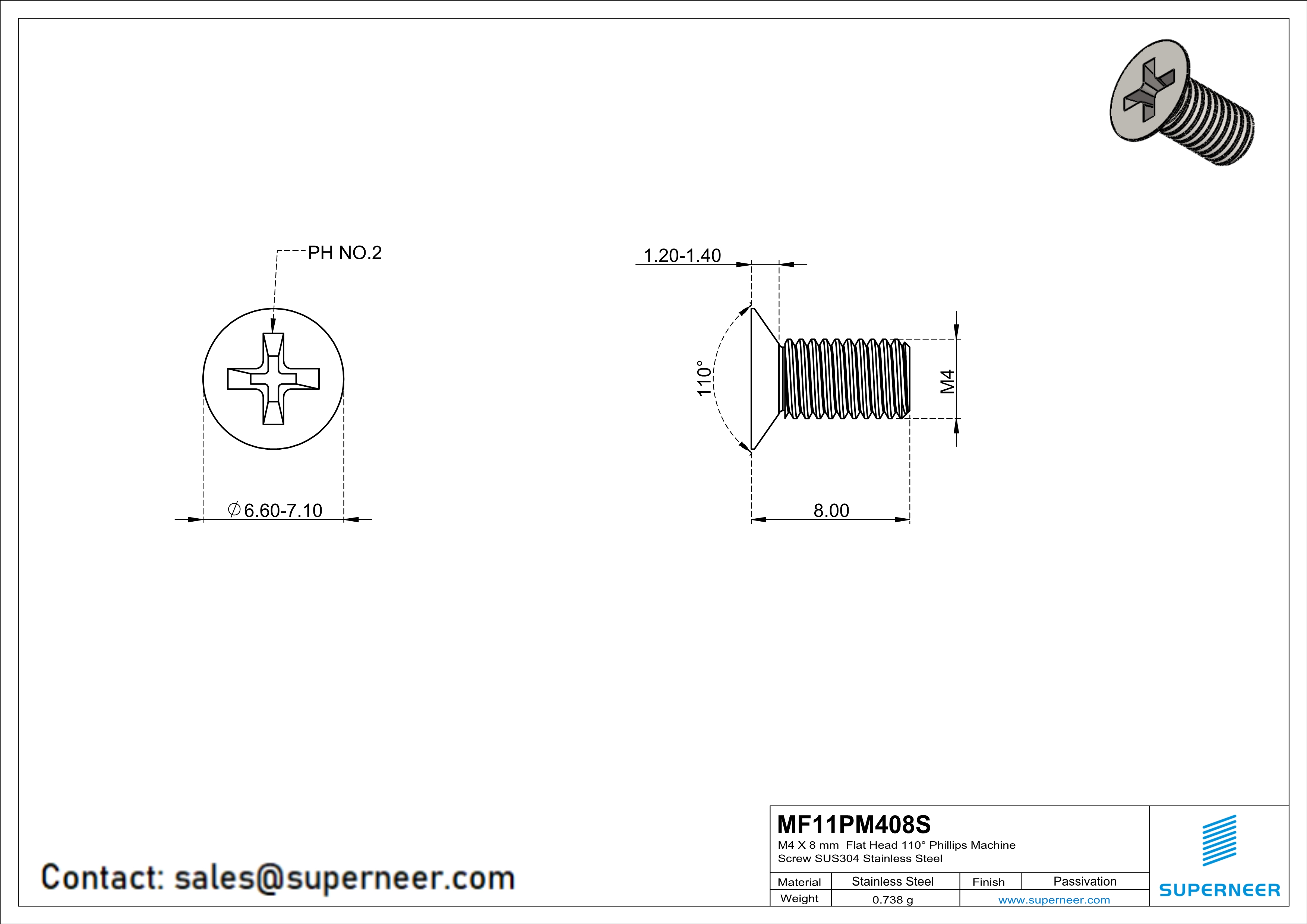 M4 x 8 mm  Flat Head 110&deg; Phillips Machine Screw SUS304 Stainless Steel Inox